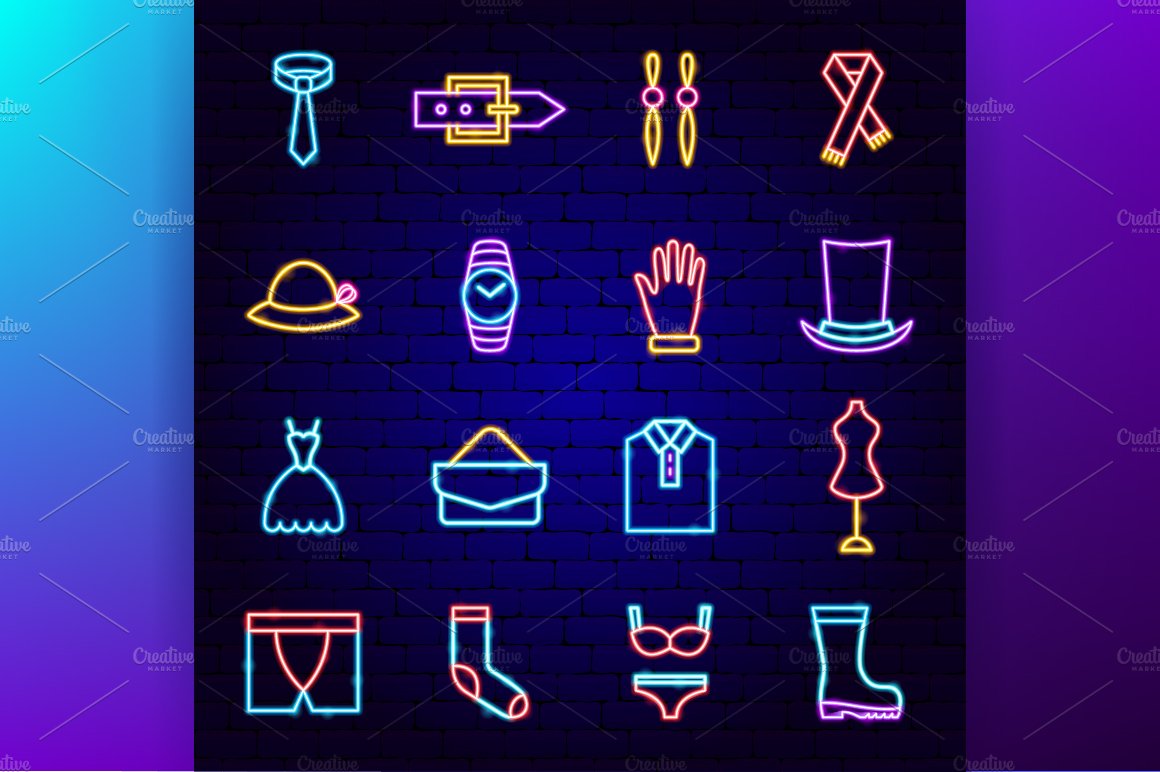 Clothing Fashion Neon Vector Icons preview image.