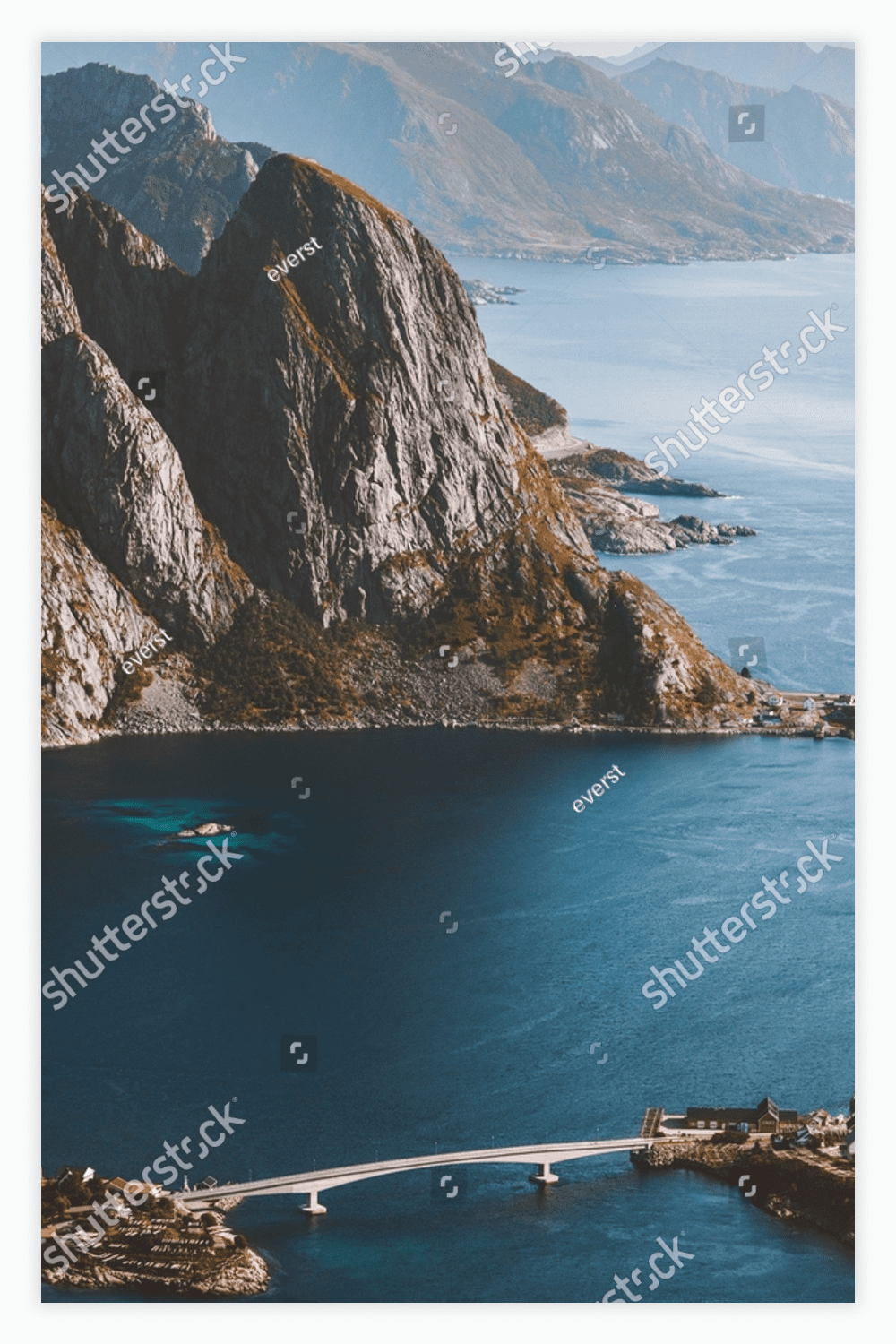 Lofoten islands in Norway landscape aerial view travel drone rocks and fjord.