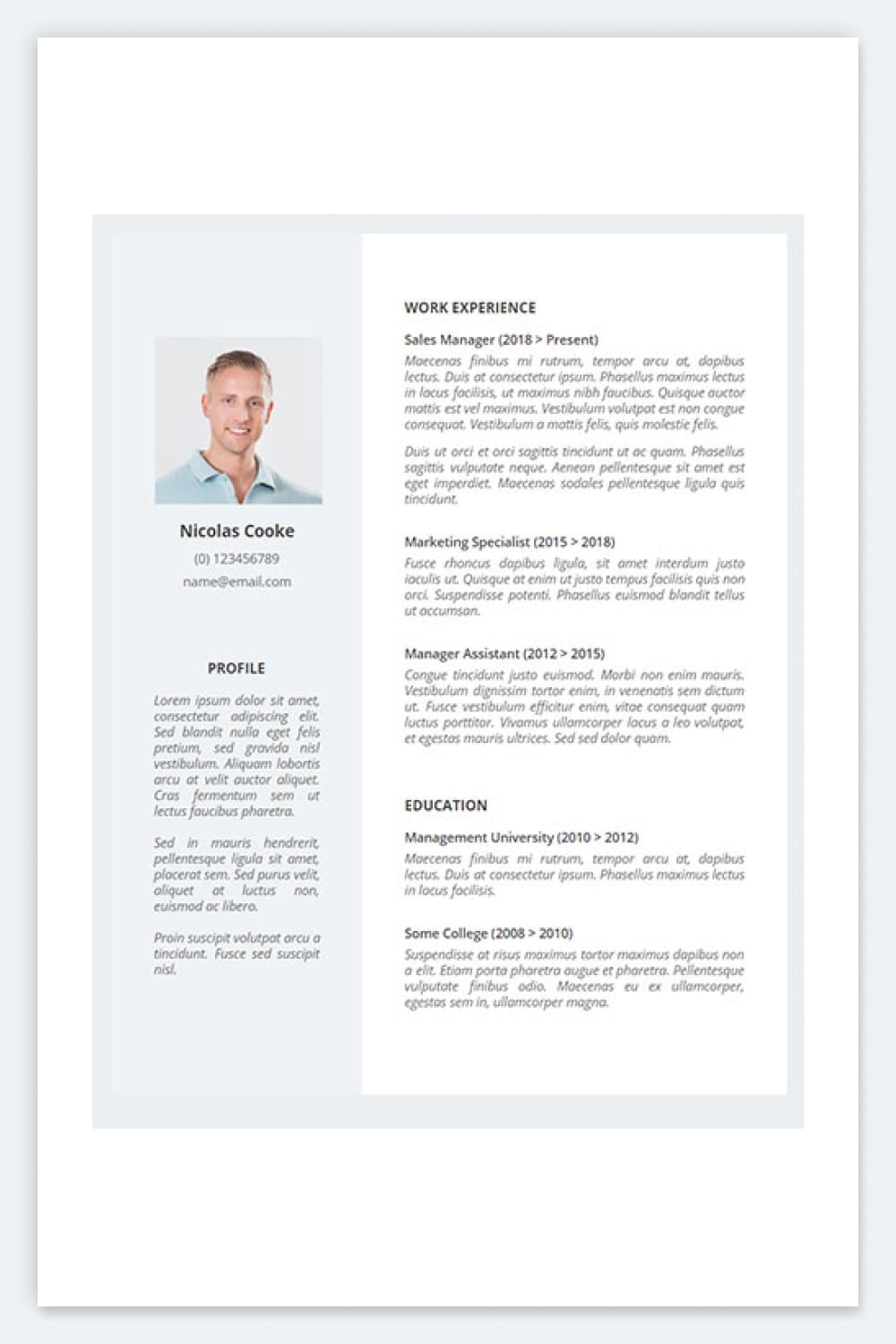 Resume with photo, two columns and gray and white color scheme.