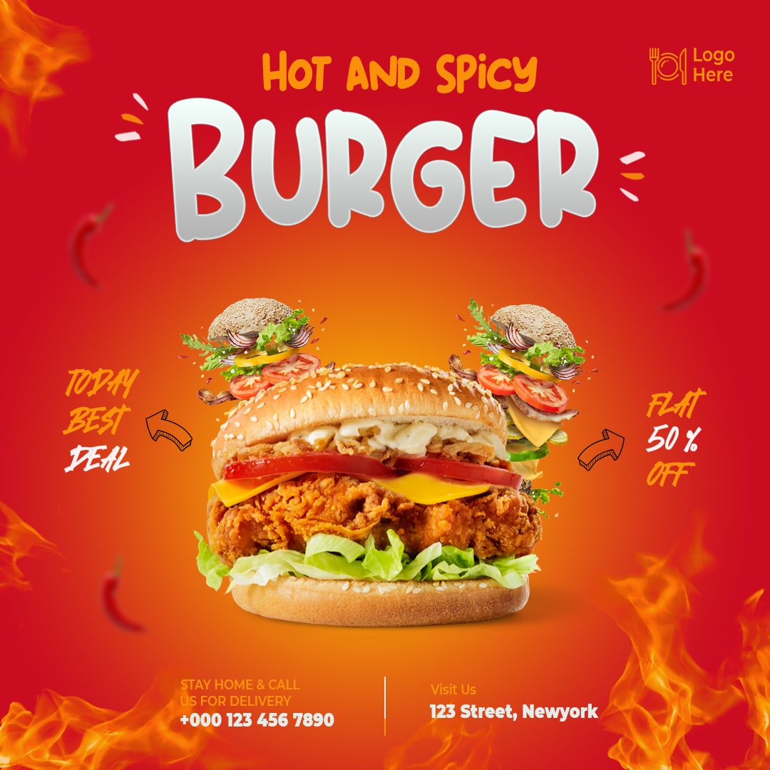 Poster advertising a hot and spicy burger.