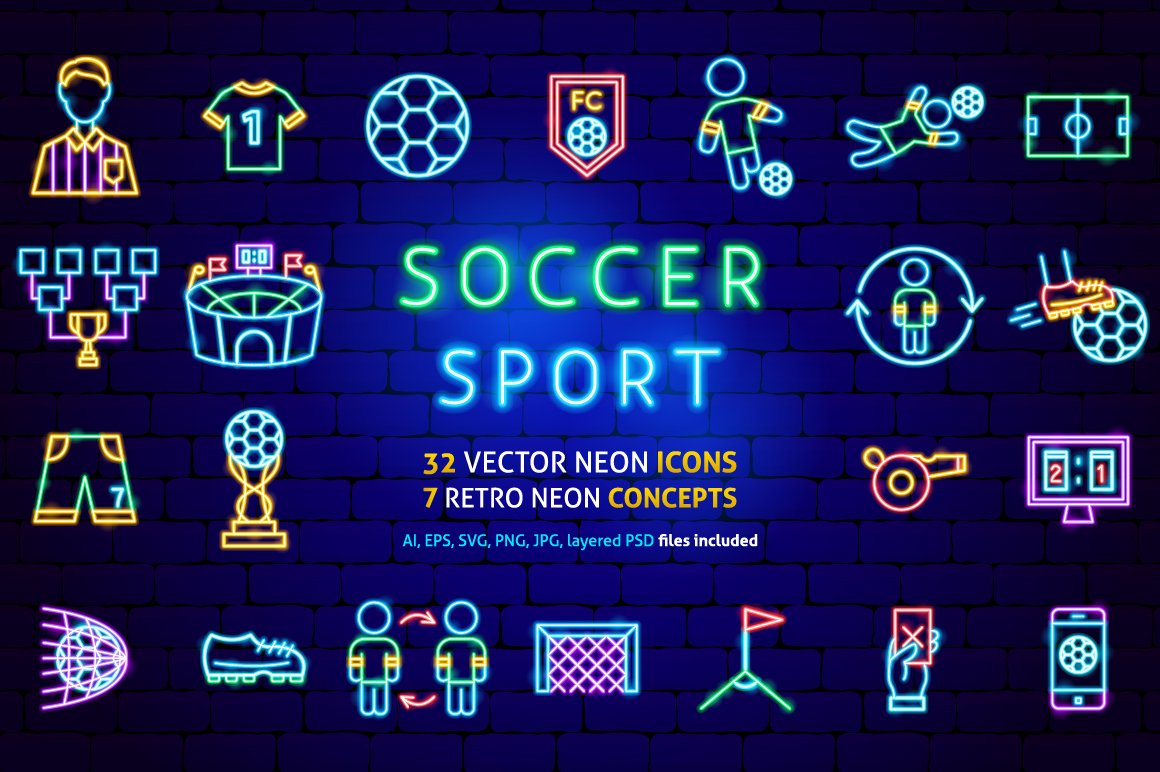 Soccer Football Neon Vector Icons cover image.