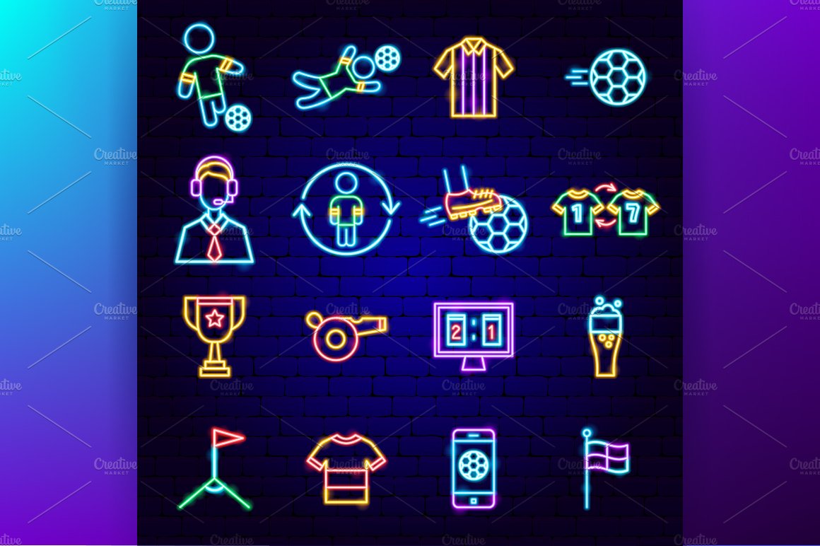 Soccer Football Neon Vector Icons preview image.
