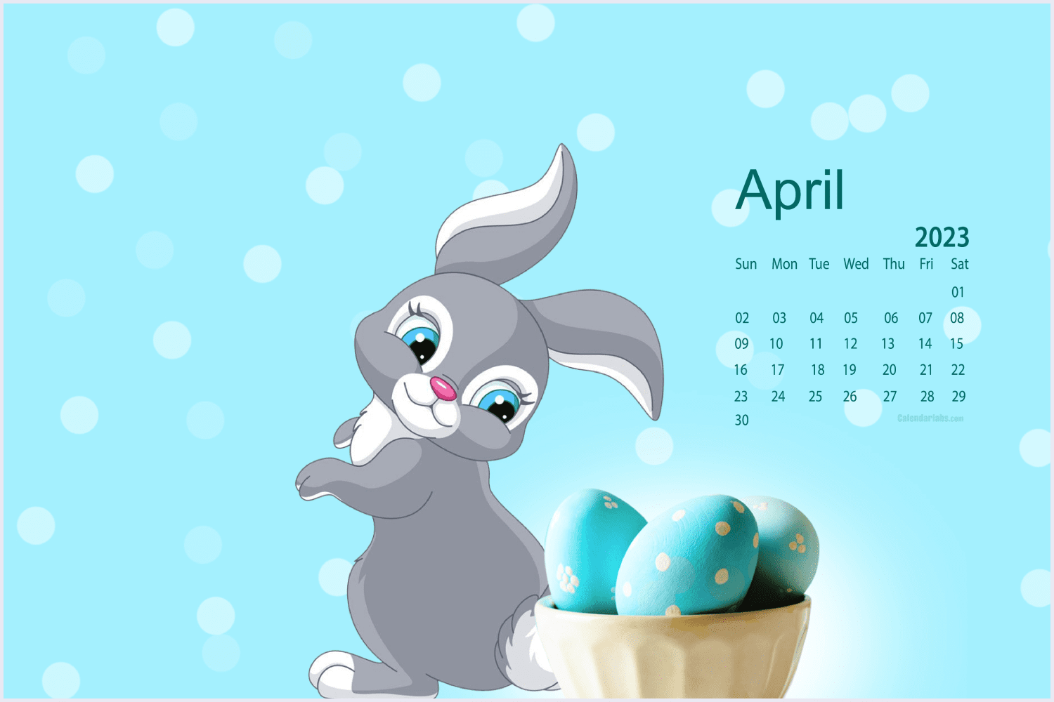 A cute April calendar depicting a handsome bunny with beautiful blue eggs.