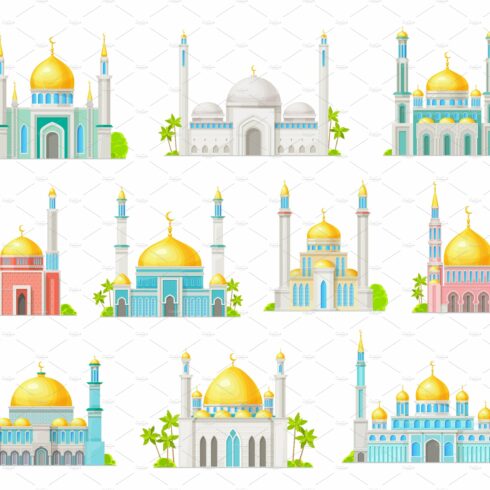 Muslim mosque building icons cover image.