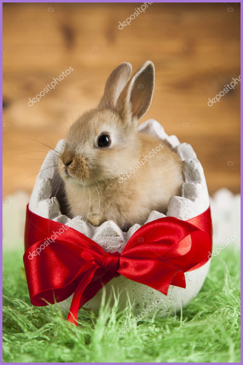 Rabbit in an egg with a red bow.