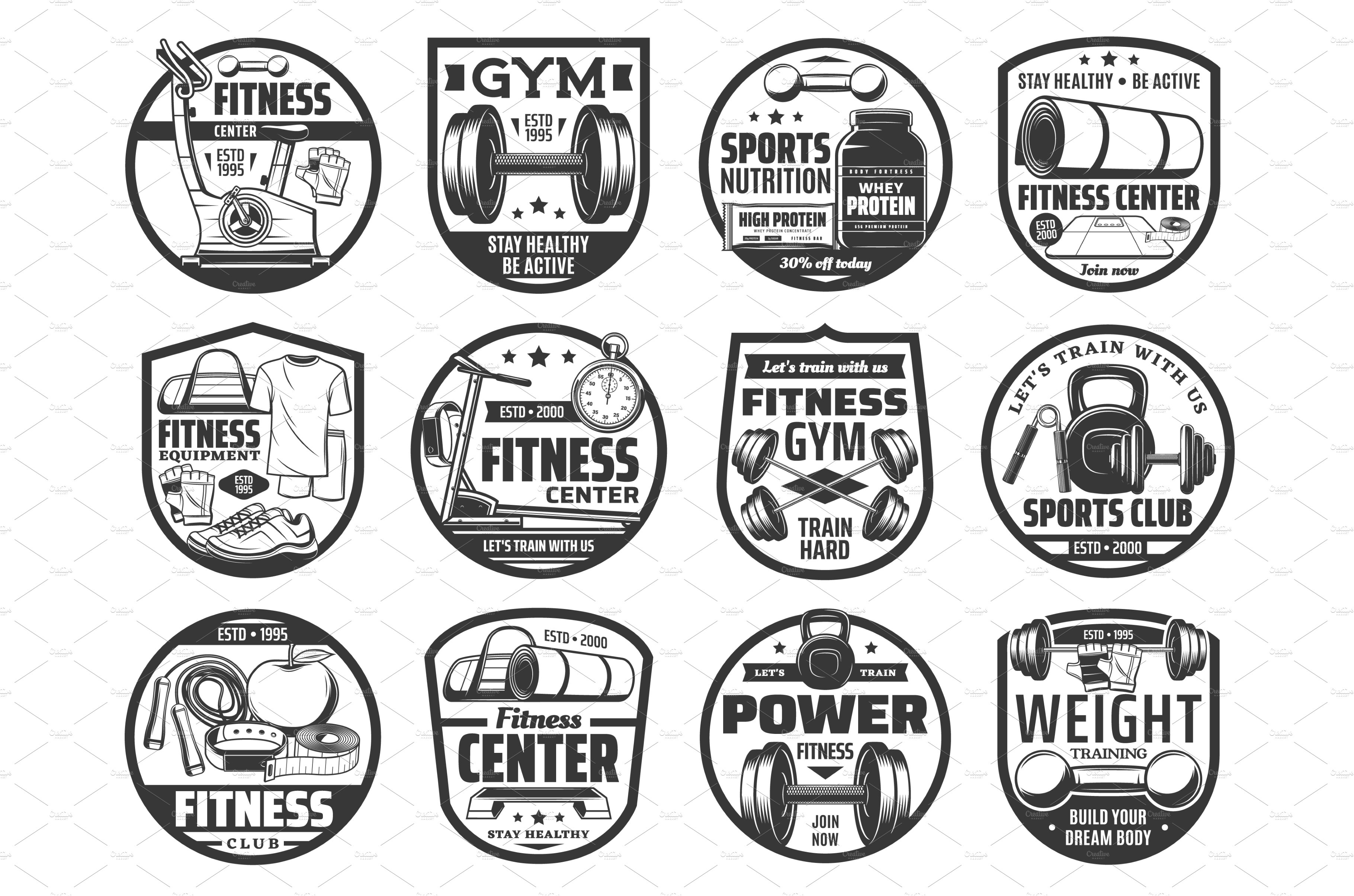 Fitness center, sport and gym icons cover image.