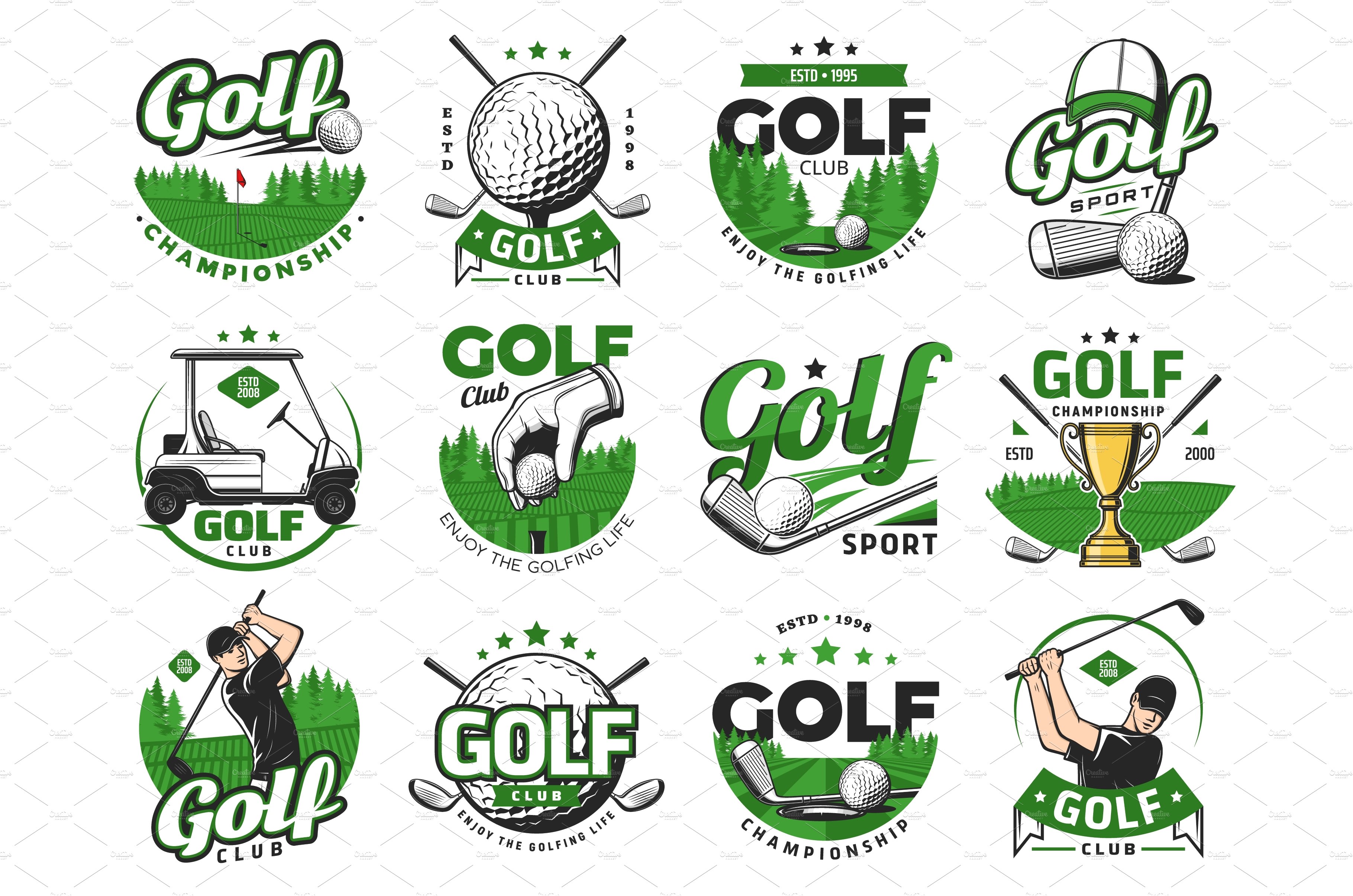 Golf sport icons, golf balls, clubs cover image.