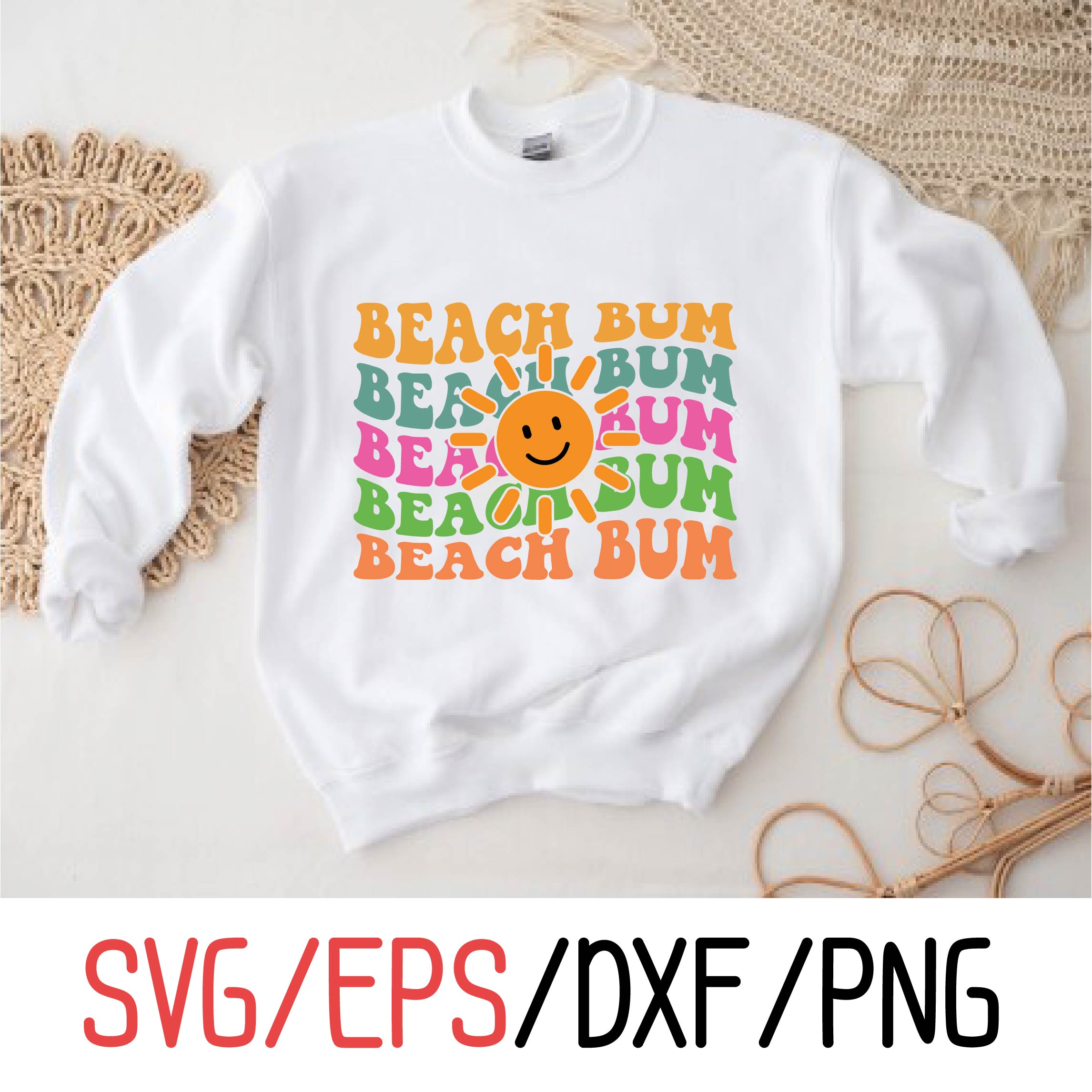 White sweatshirt with the words beach bum on it.