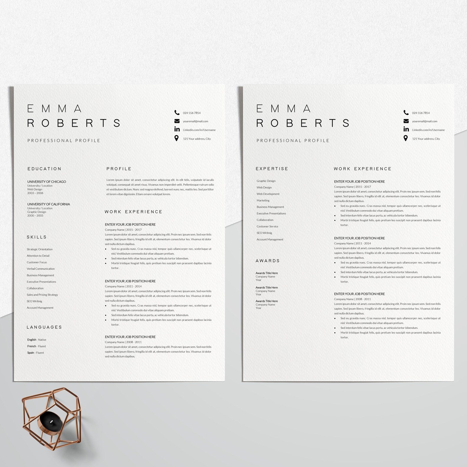 Two resume templates on a table with a pen.