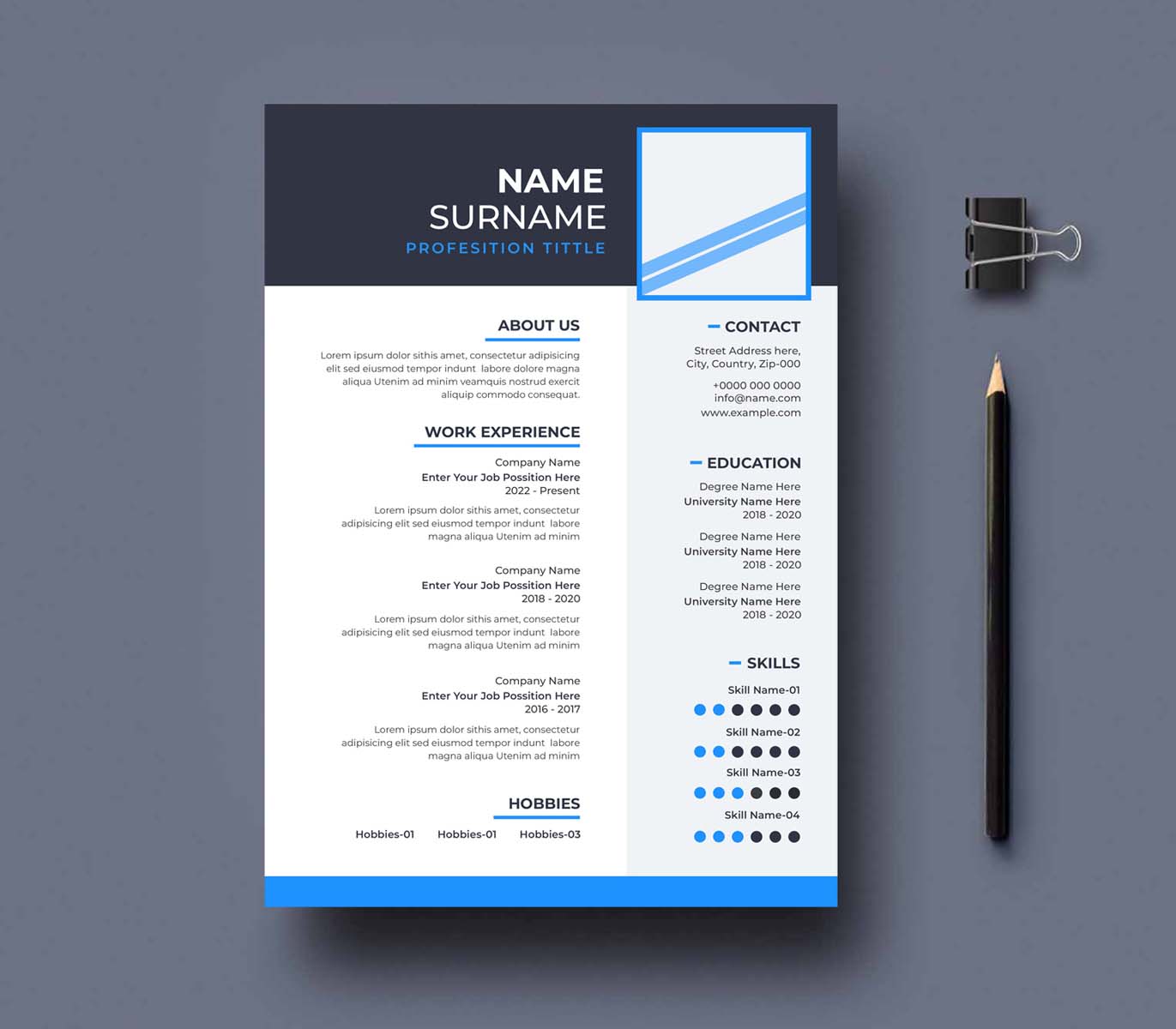 Blue and black resume template with a pencil.