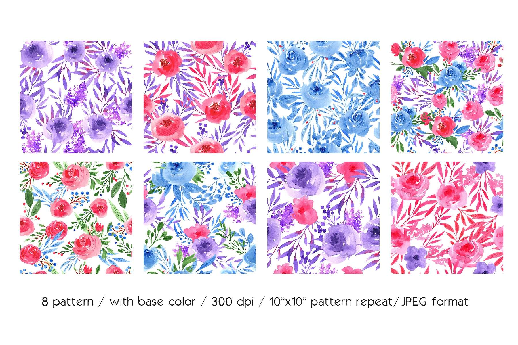 Set of nine watercolor floral patterns.