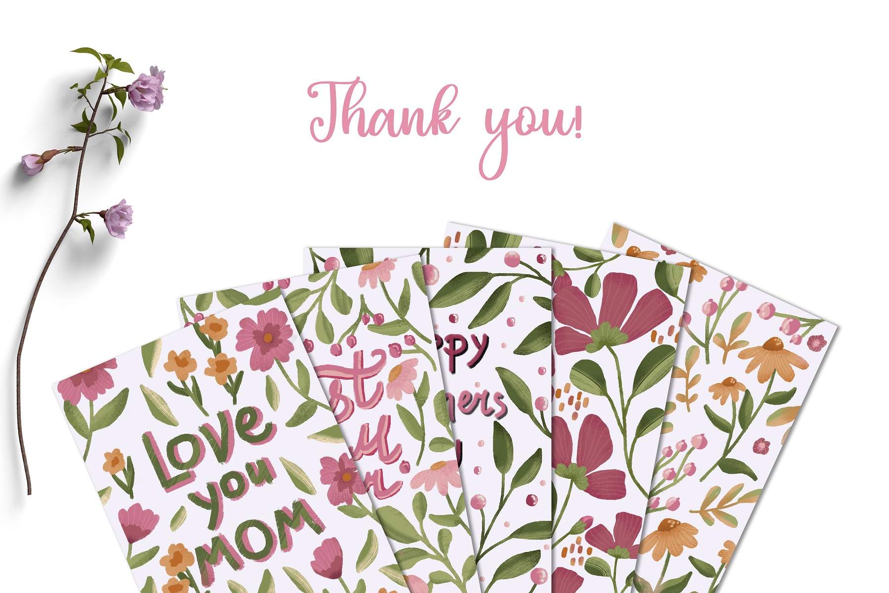 Set of thank you cards with flowers.
