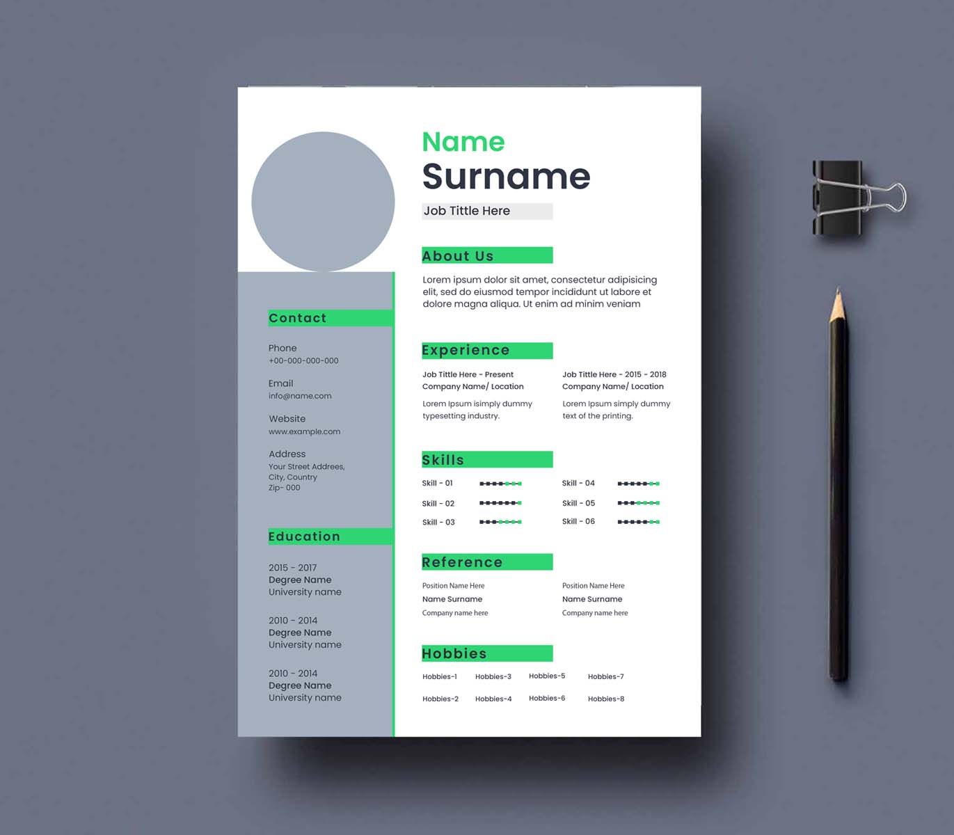 Clean and modern resume template with green accents.