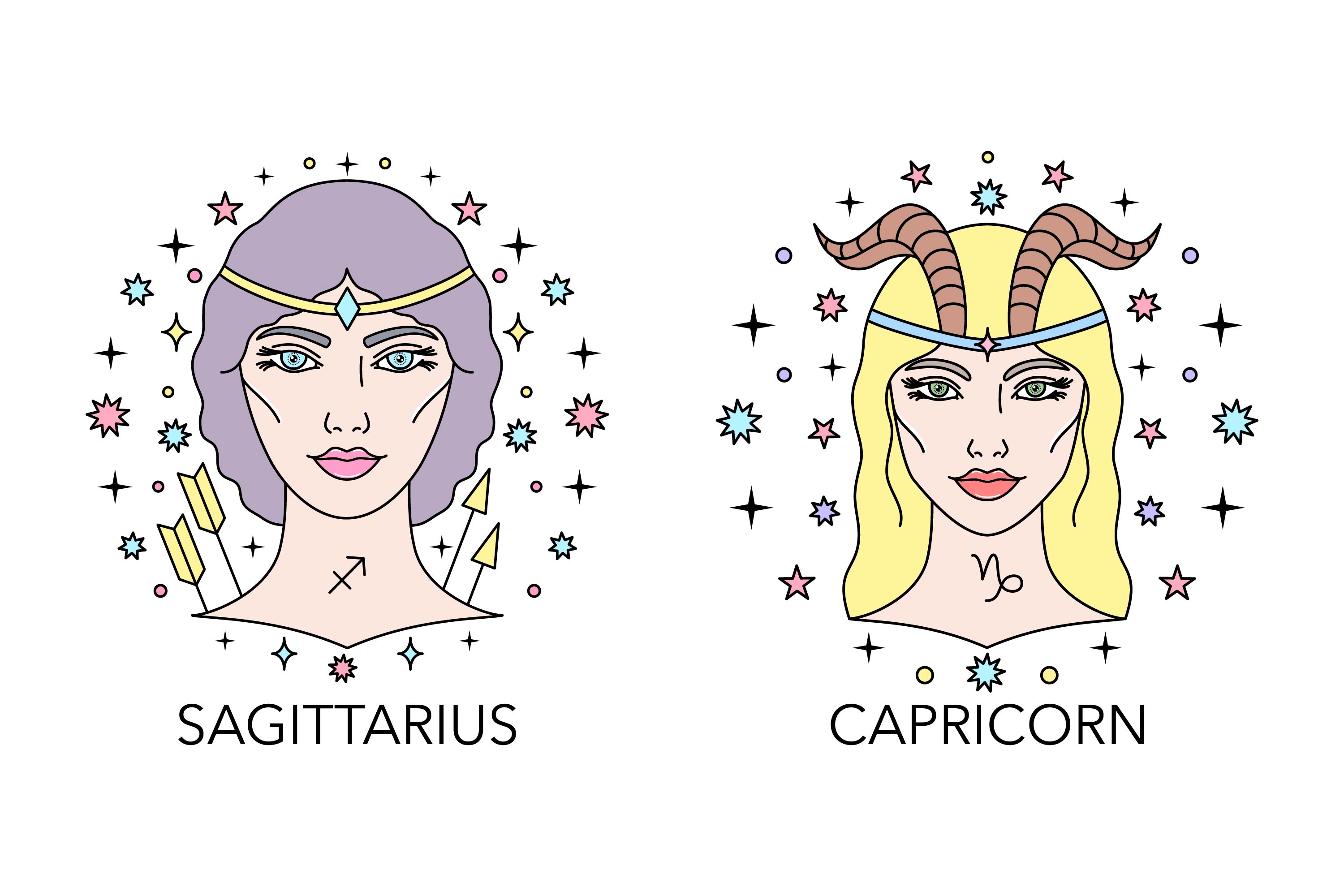Two women with zodiac signs on their heads.