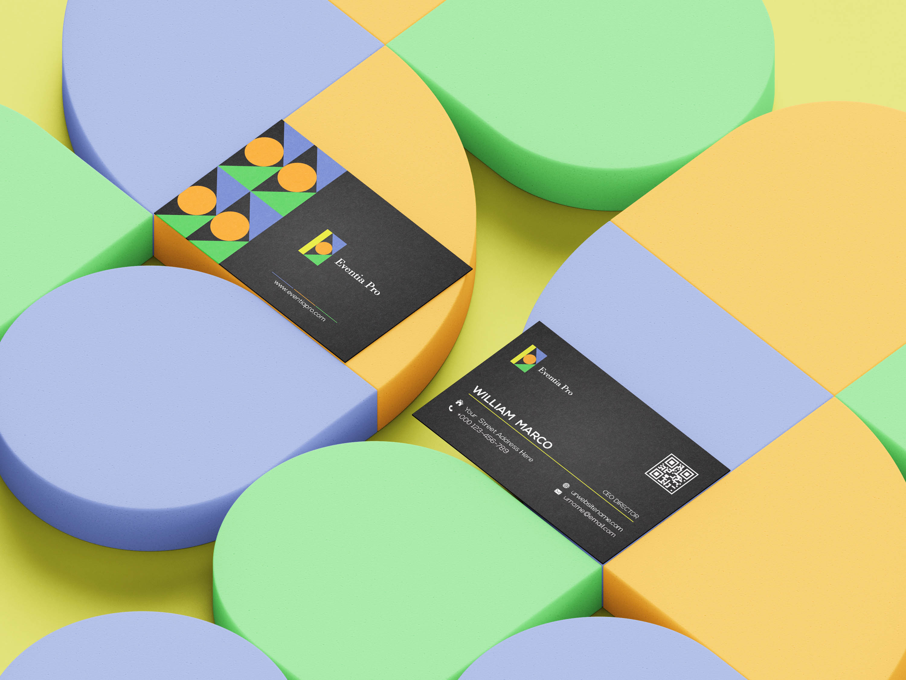 Close up of a business card on a colorful surface.