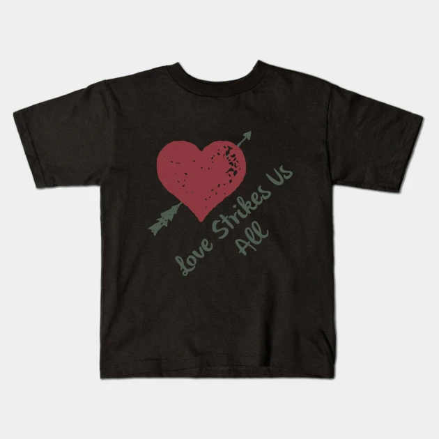 Black t - shirt with a red heart and the words love strikes us.