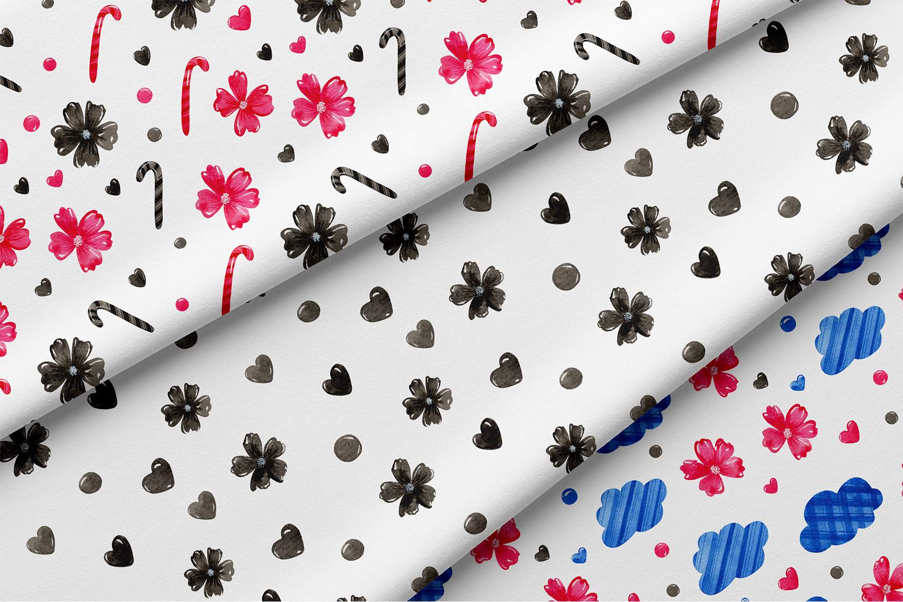 Pattern of hearts and flowers on a white background.