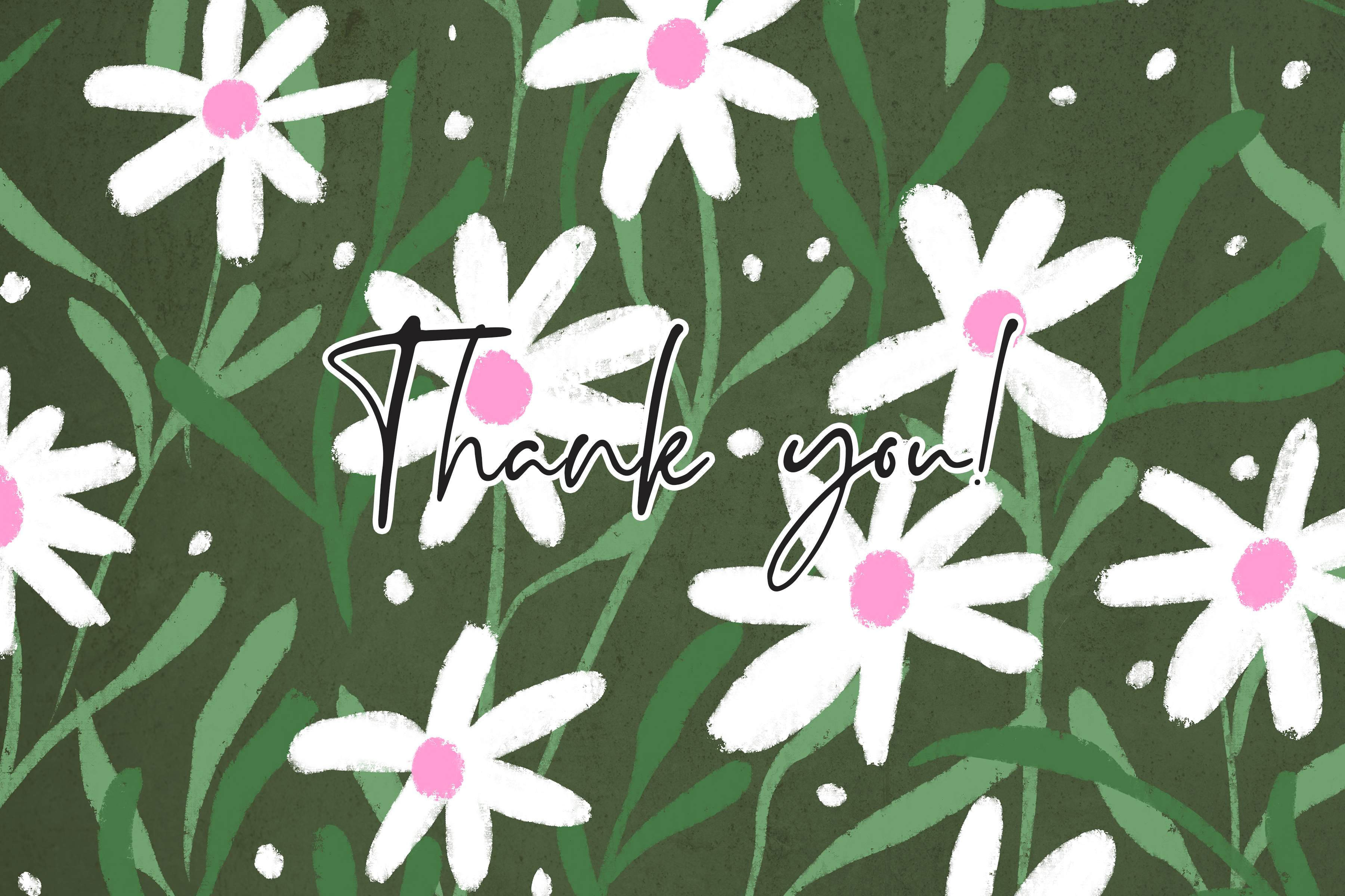 Thank you card with white daisies on a green background.