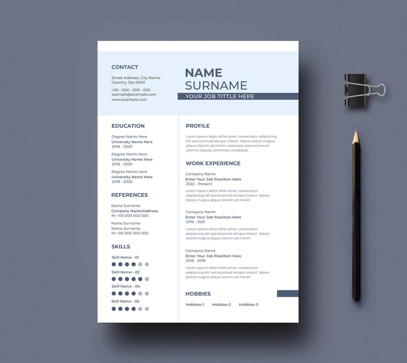 Professional resume template with a pencil and pencil.