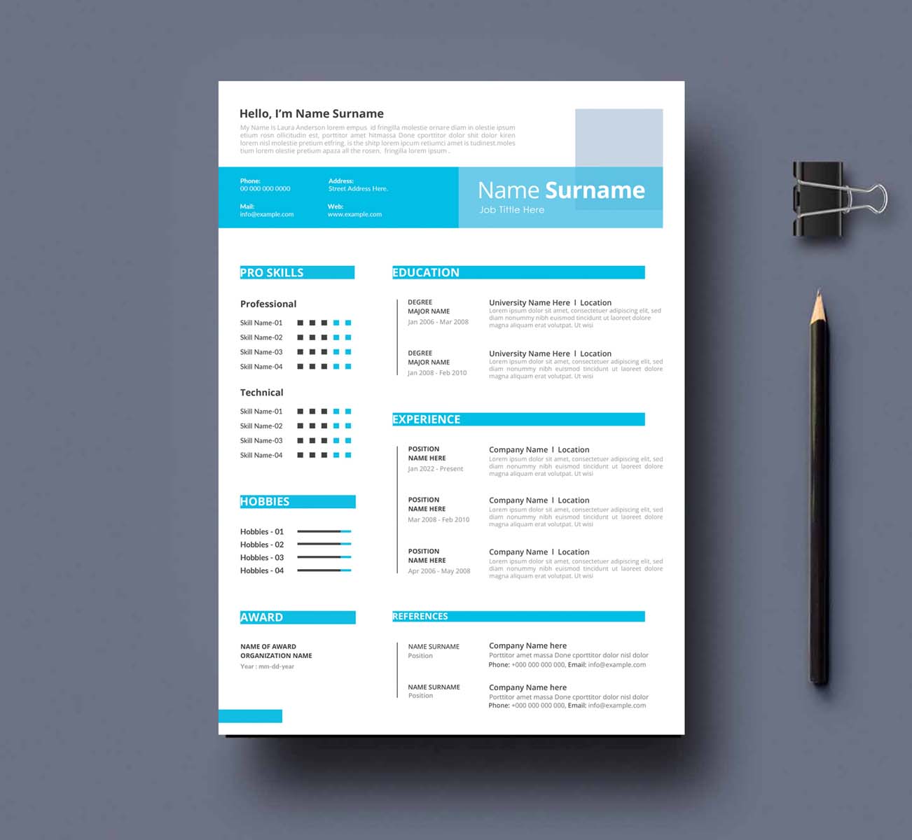Blue and white resume template with a pencil next to it.