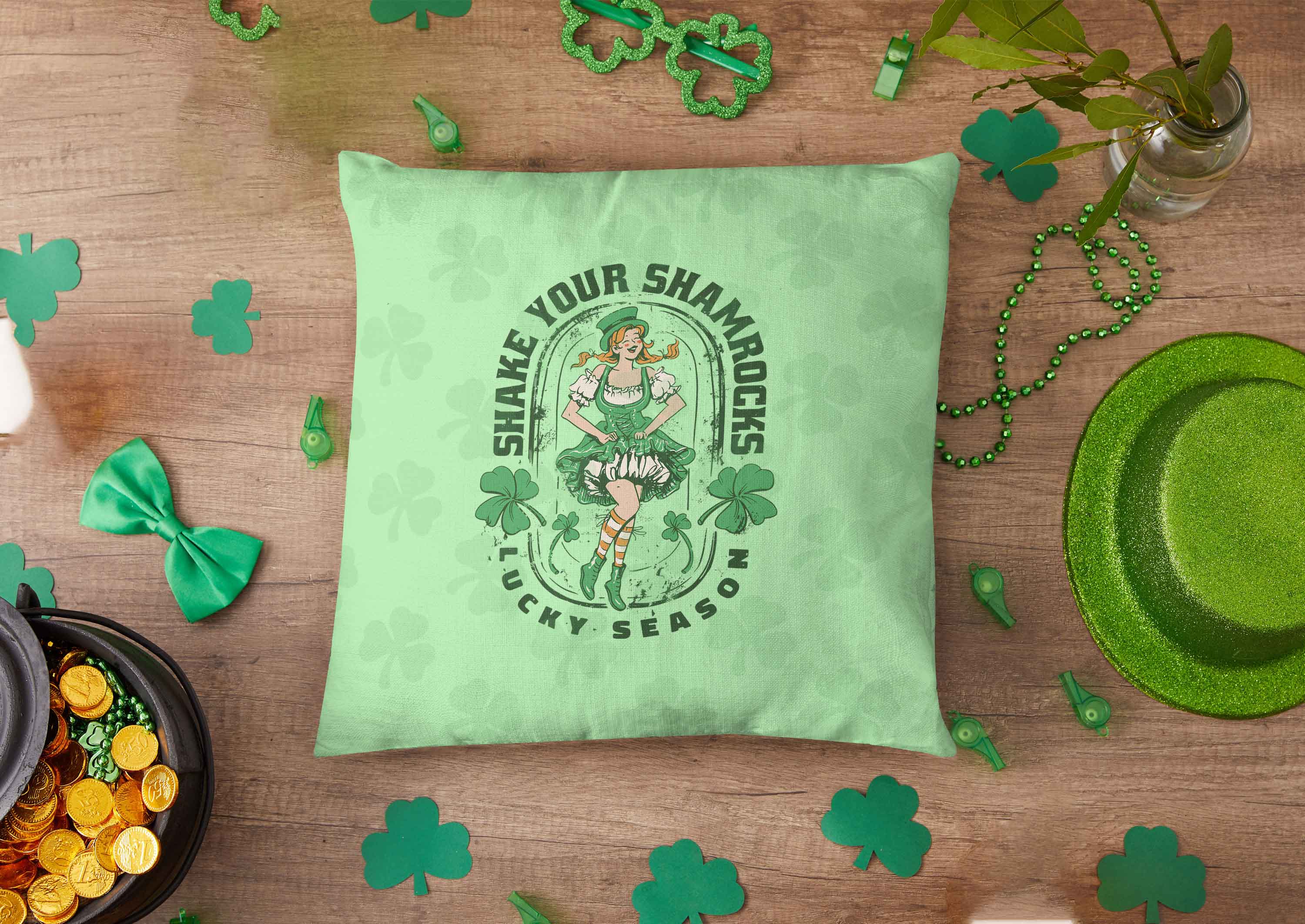 St patrick's day pillow sitting on top of a table.