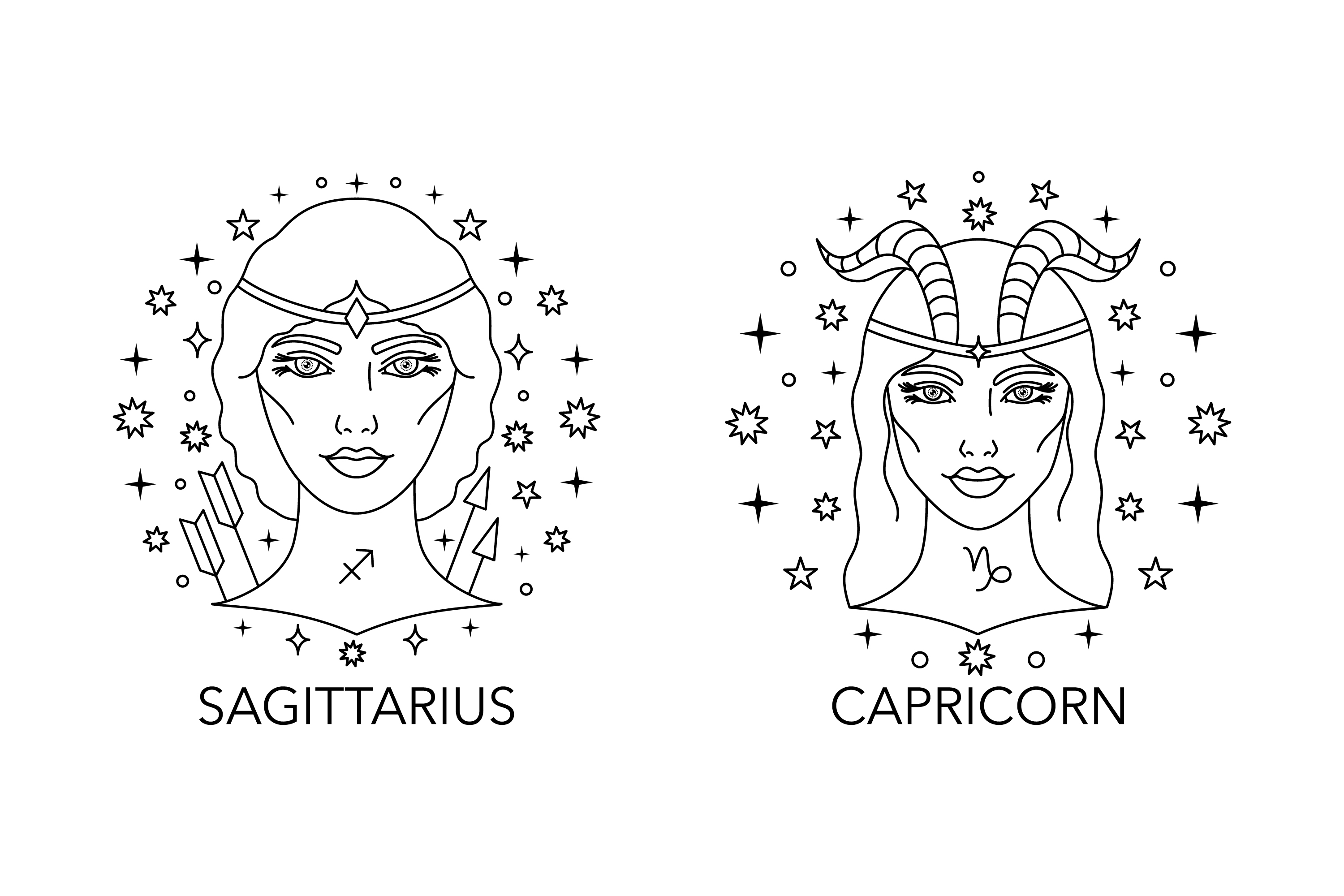 Two zodiac signs are shown in black and white.