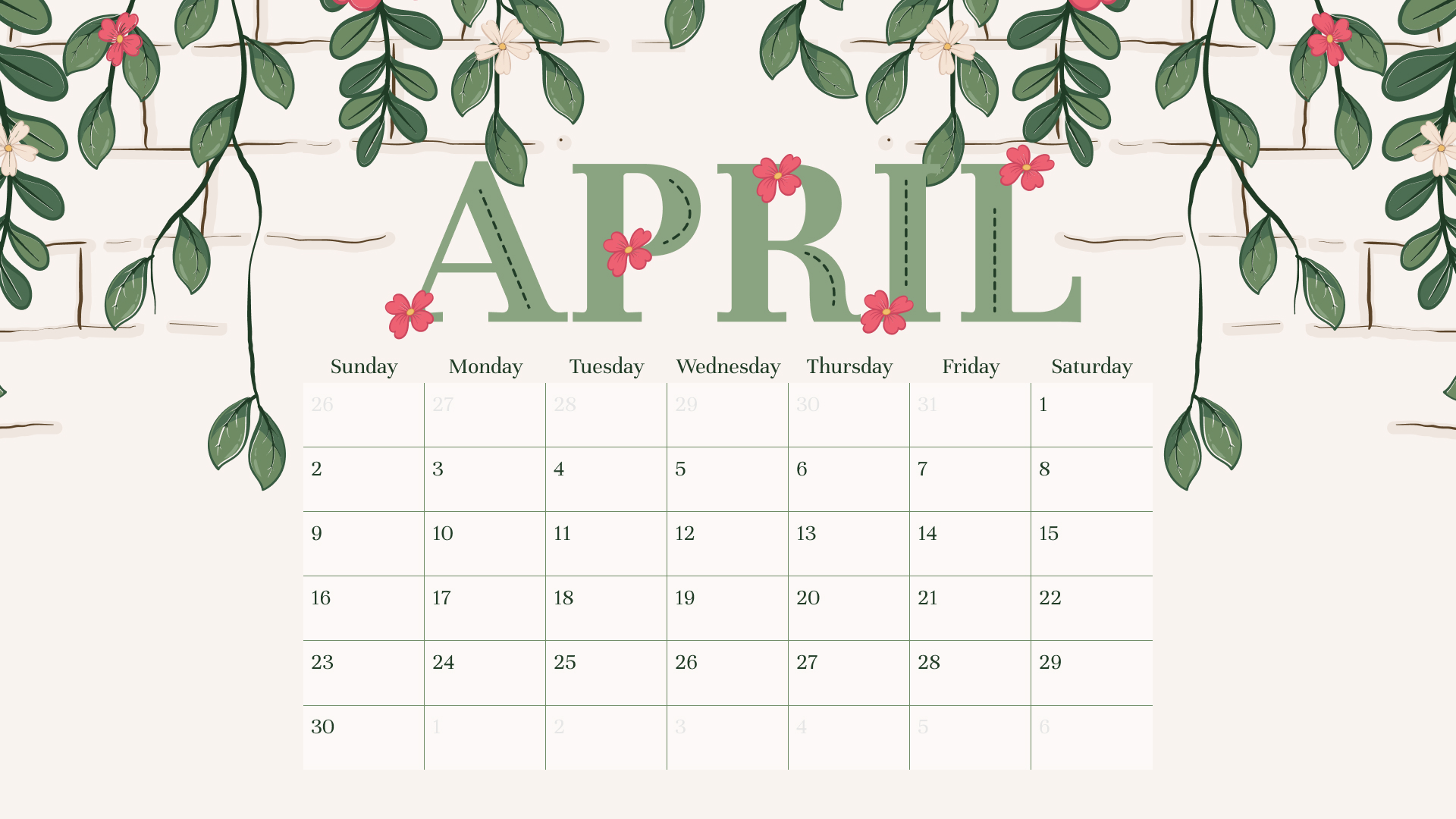 Calendar with the word april on it.