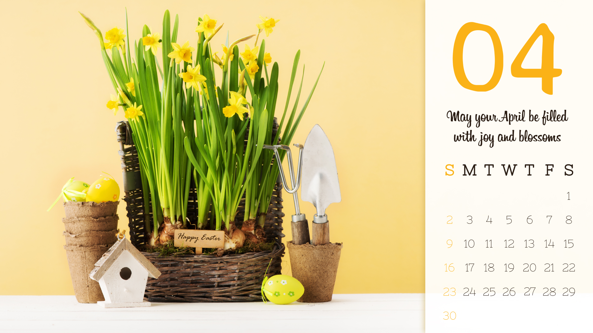 Calendar with a basket of daffodils on a table.