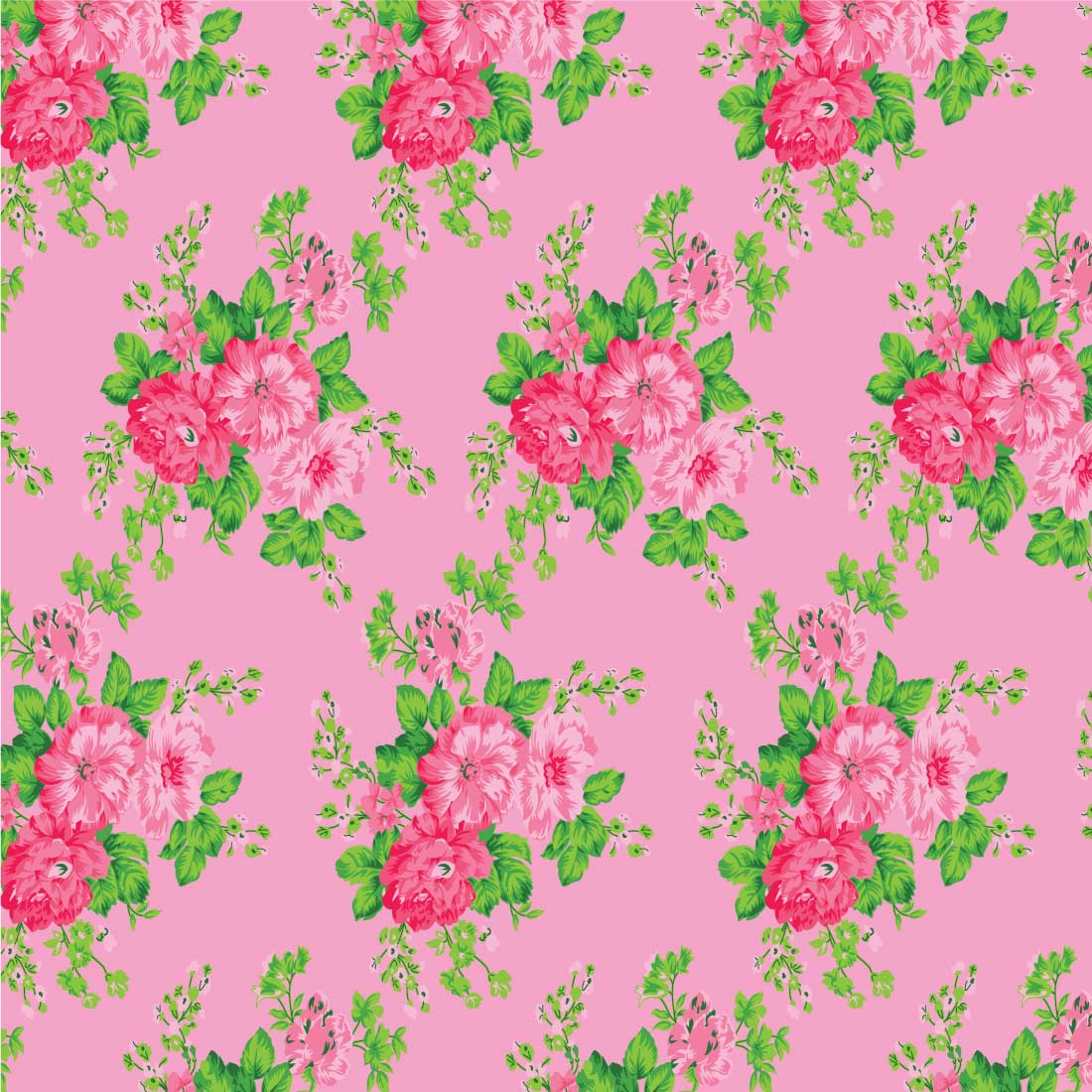 Pink background with pink flowers and green leaves.