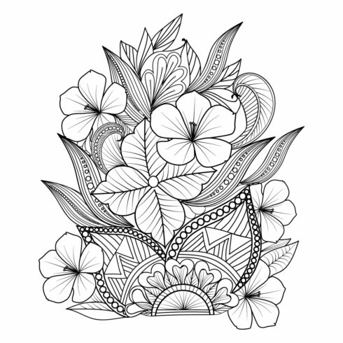 Doodle flower bouquet of line art, lovely design Easy sketch art of peony flower, line art bouquets of floral hand drawn illustration, doodle zentangle, tattooing drawing coloring page, and book isolated image clip art botanic collection, vector art cover image.