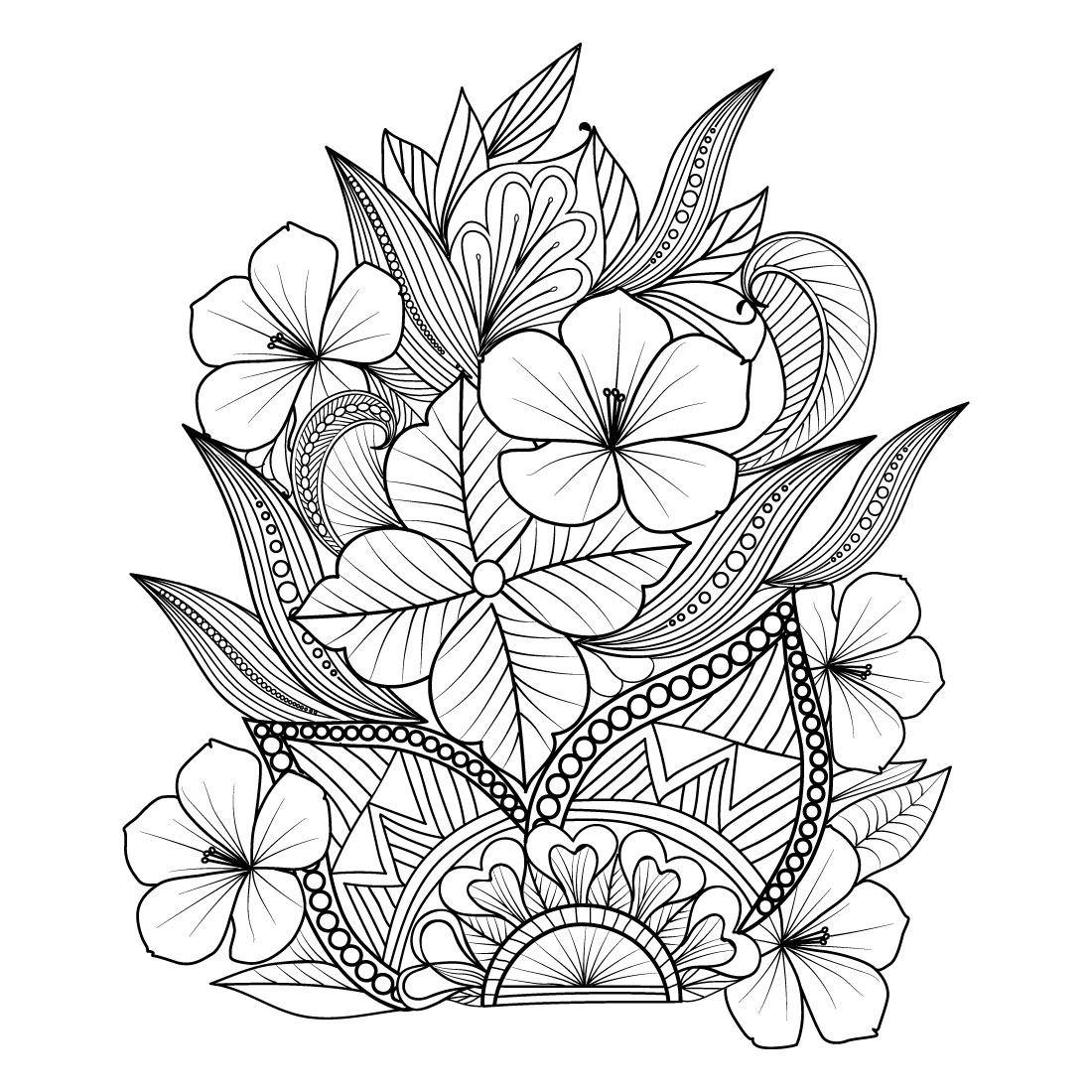 Hand drawn creative floral arrangement with different flowers design, simple,  sharp lines, solid totally white background, black and white drawing on  Craiyon