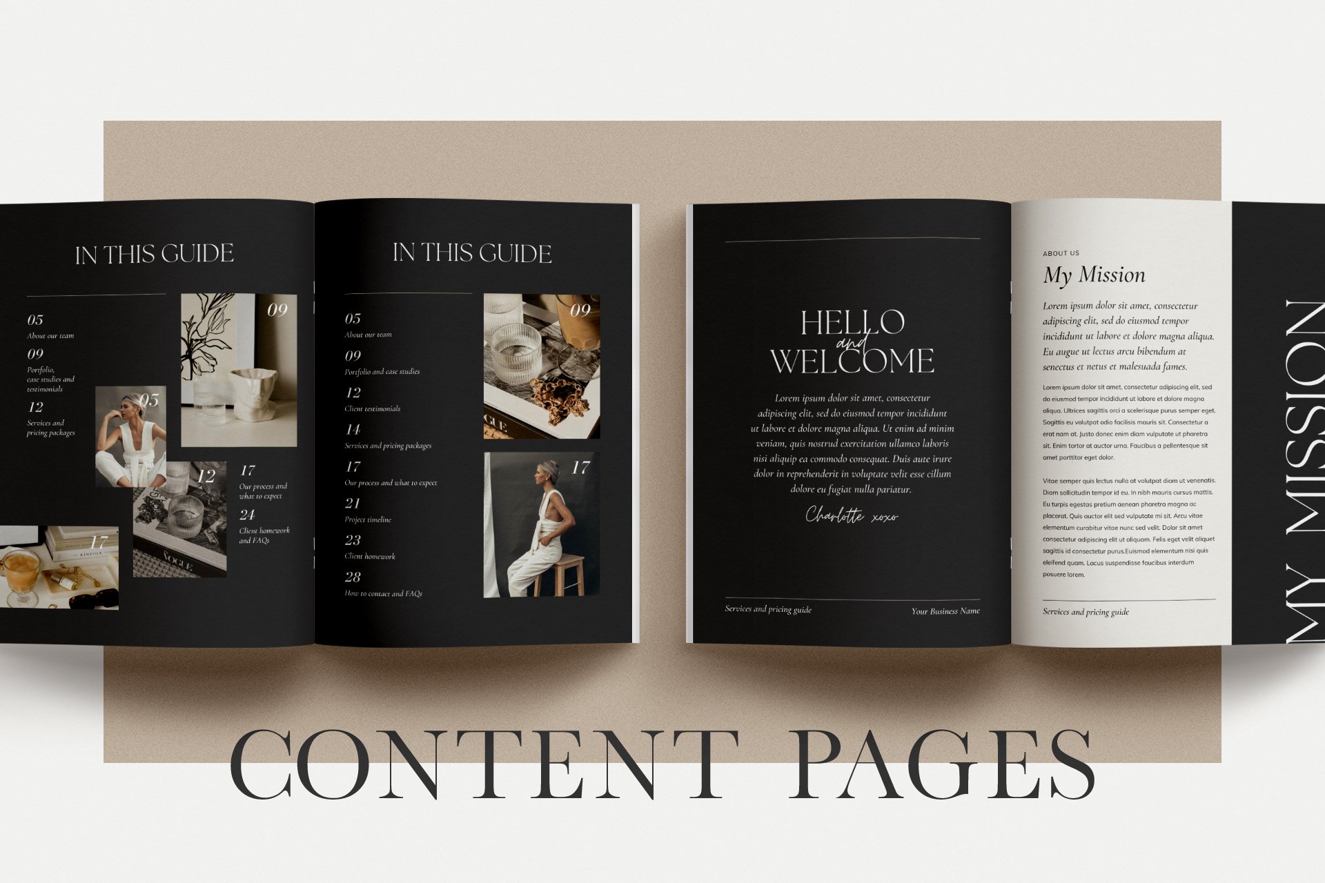 5 elegant black and beige services and pricing guide magazine client brochure editable canva template 241
