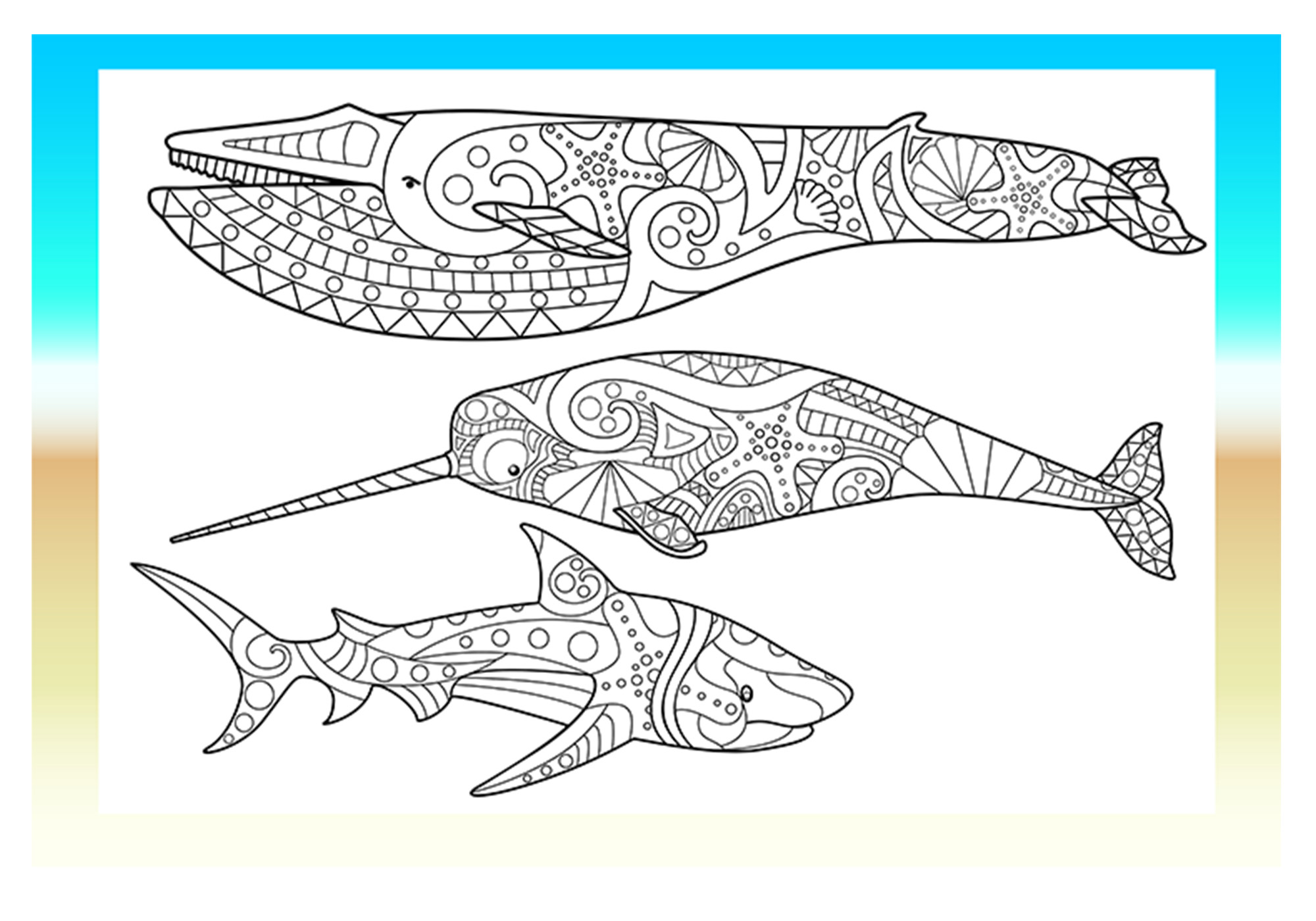 Coloring page with three different types of fish.