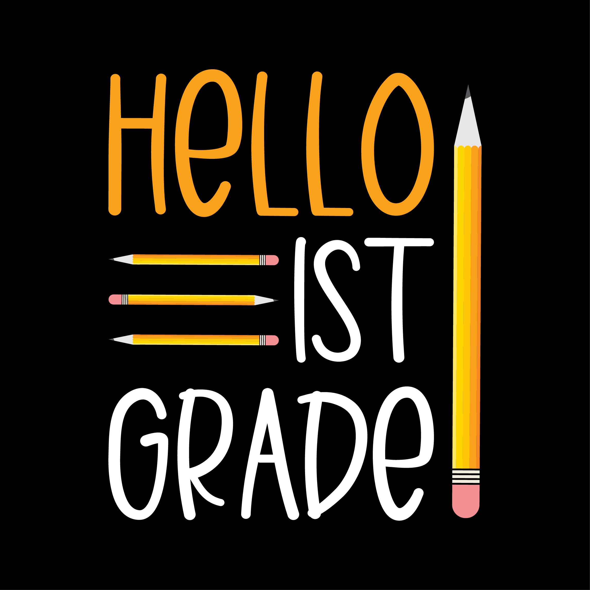 Black background with a pencil and the words hello 1st grade.