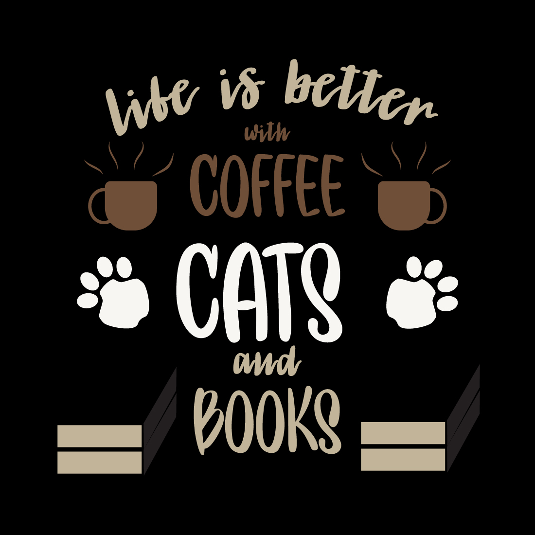 Black background with coffee and cats and books.