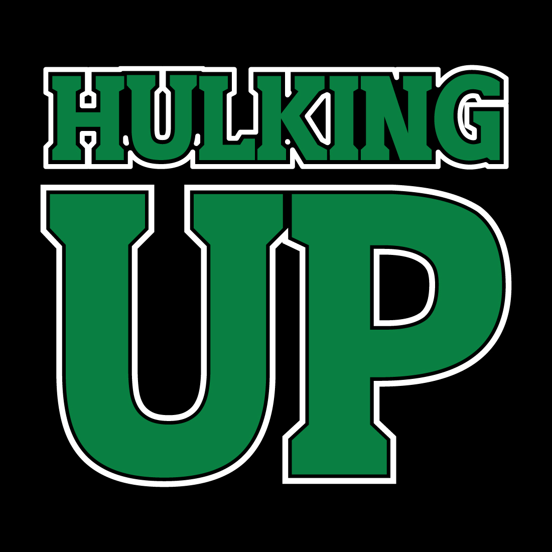Green and white logo with the words hulking up.