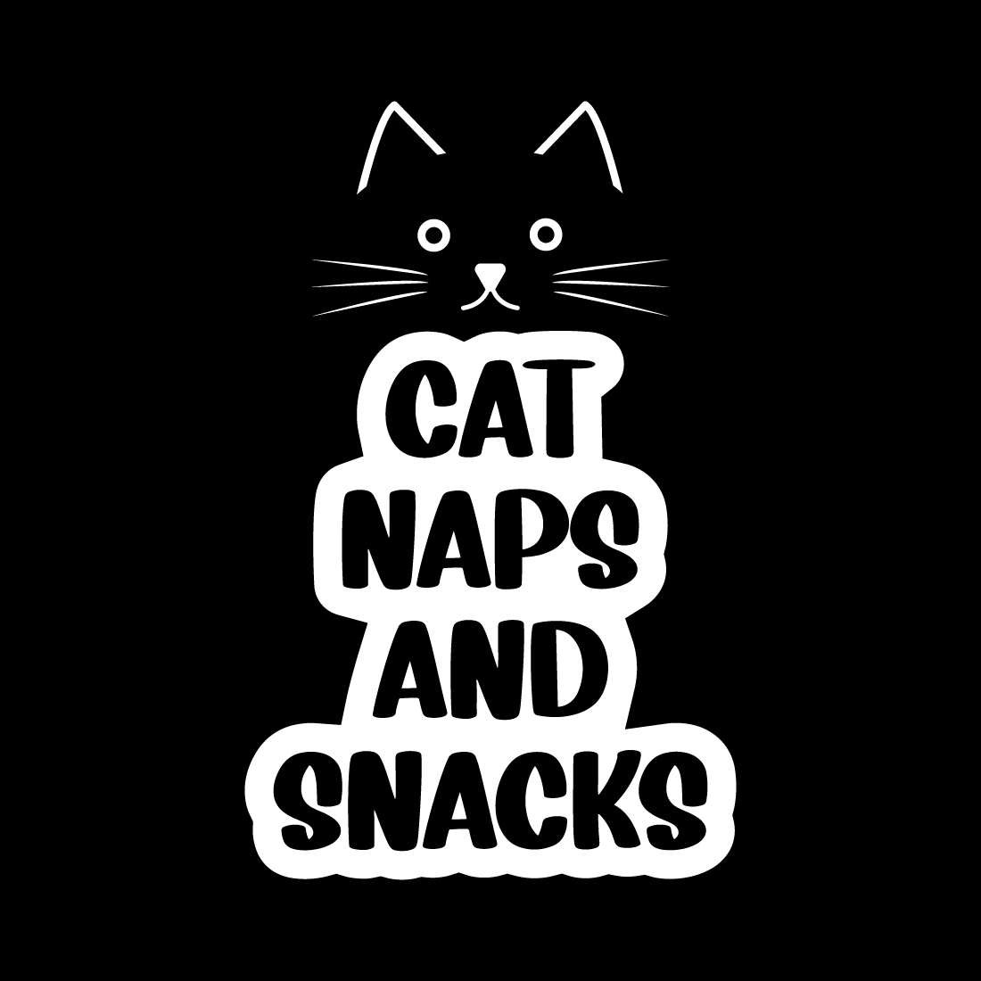 Cat naps and snacks sticker on a black background.