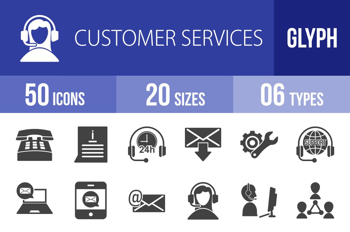 50 Customer Services Glyph Icons cover image.