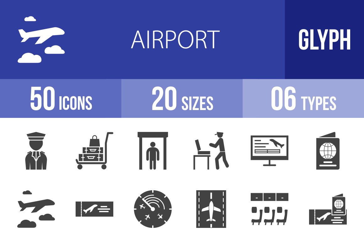 50 Airport Glyph Icons cover image.