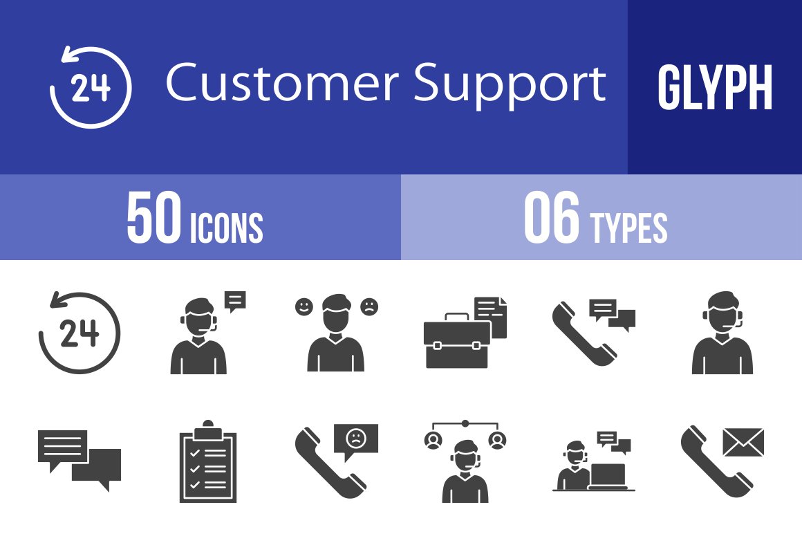 50 Customer Support Glyph Icons cover image.