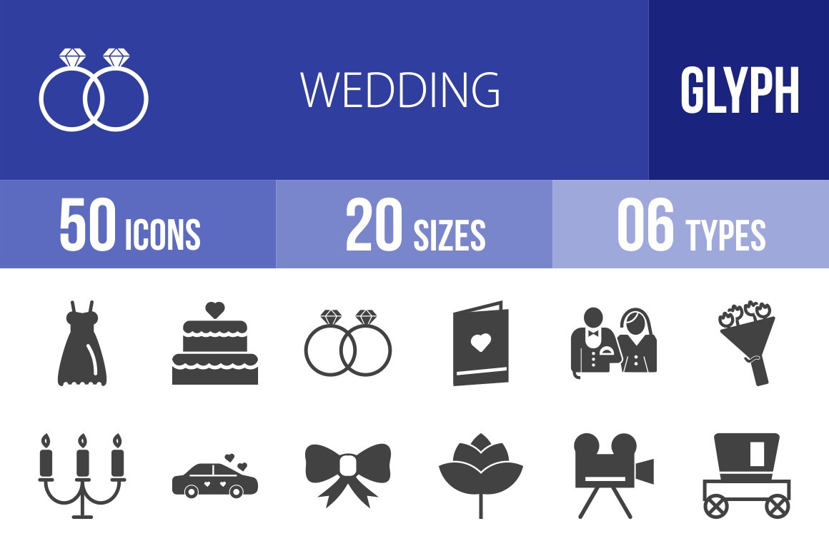 50 Wedding Glyph Icons cover image.