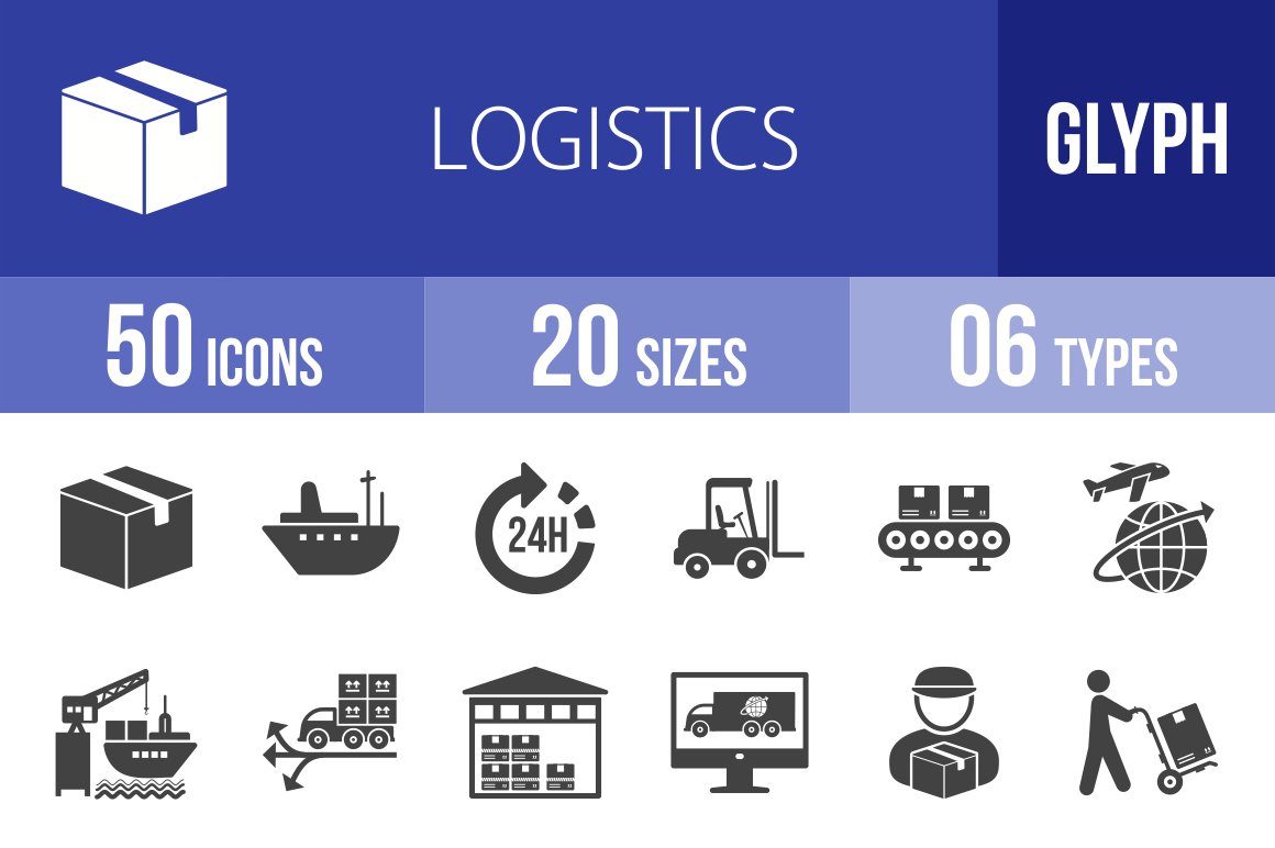 50 Logistics Glyph Icons cover image.