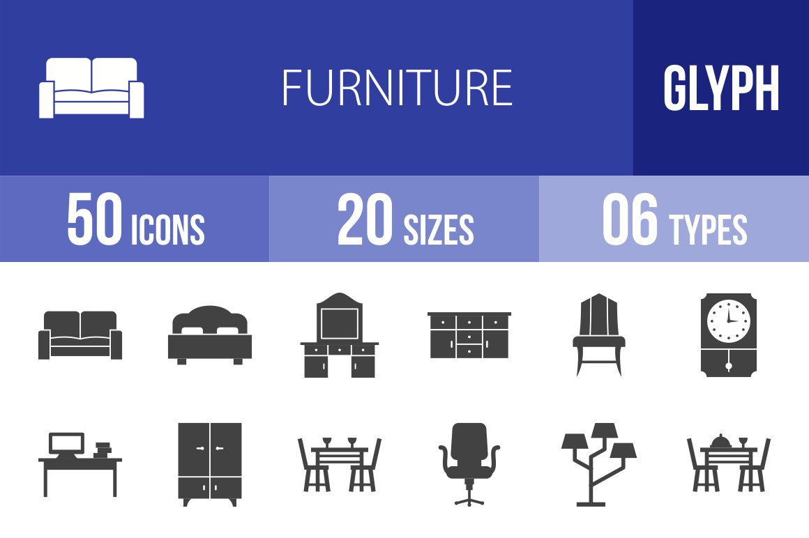 50 Furniture Glyph Icons cover image.