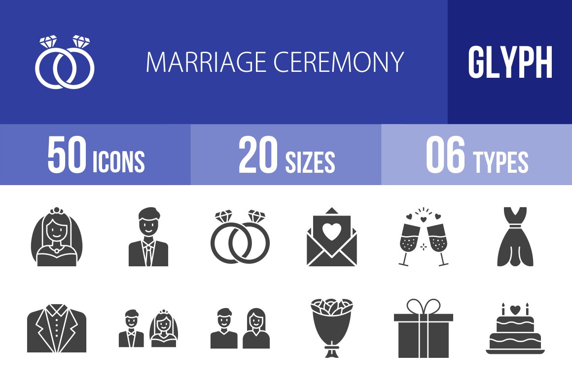 50 Marriage Ceremony Glyph Icons cover image.
