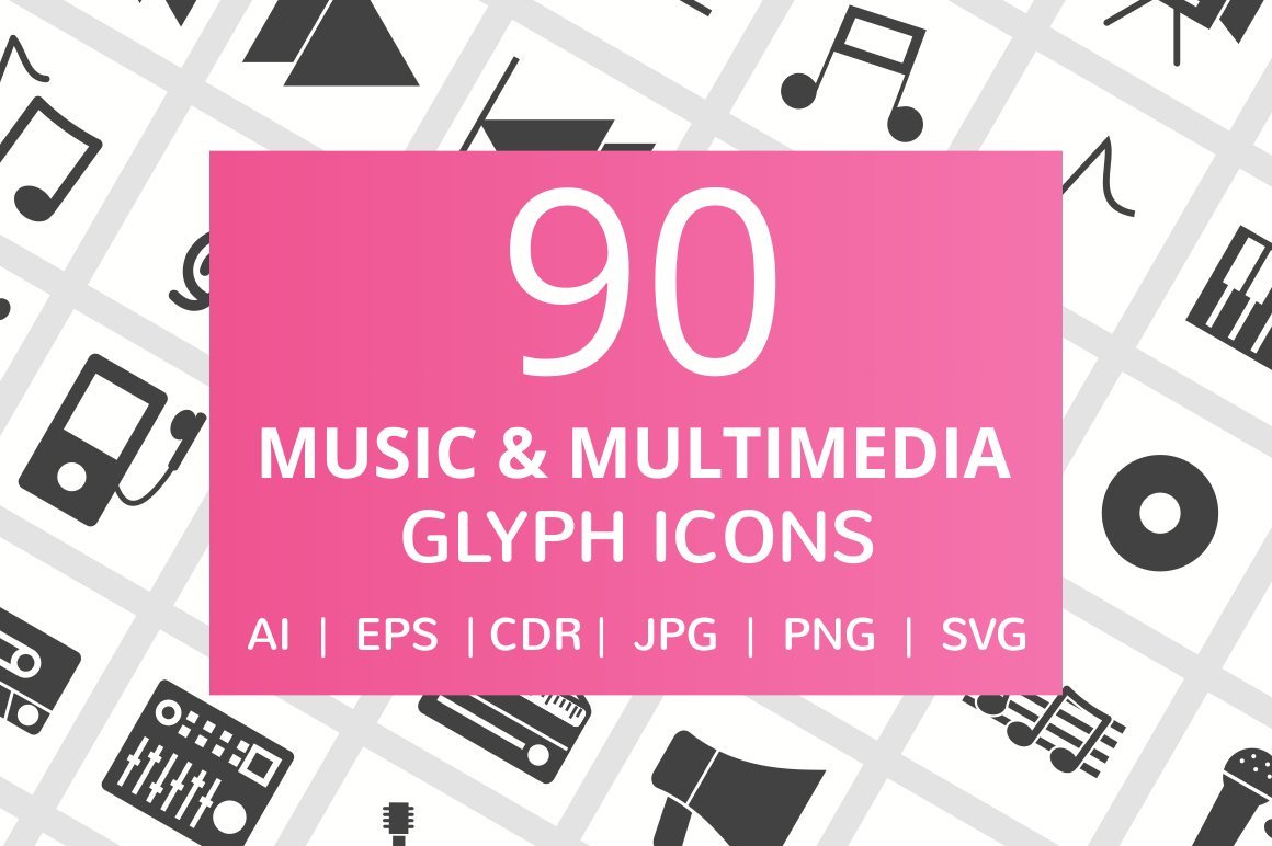 90 Music & Multimedia Glyph Icons cover image.