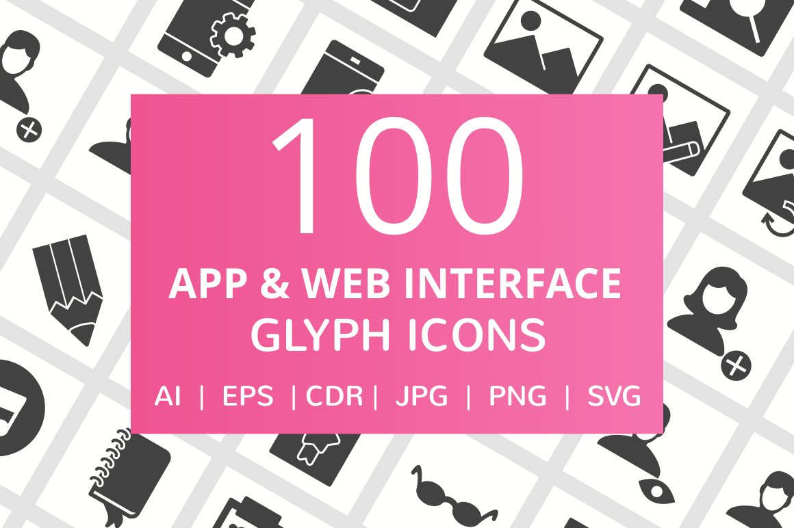 100 App & Web Interface Glyph Icons cover image.