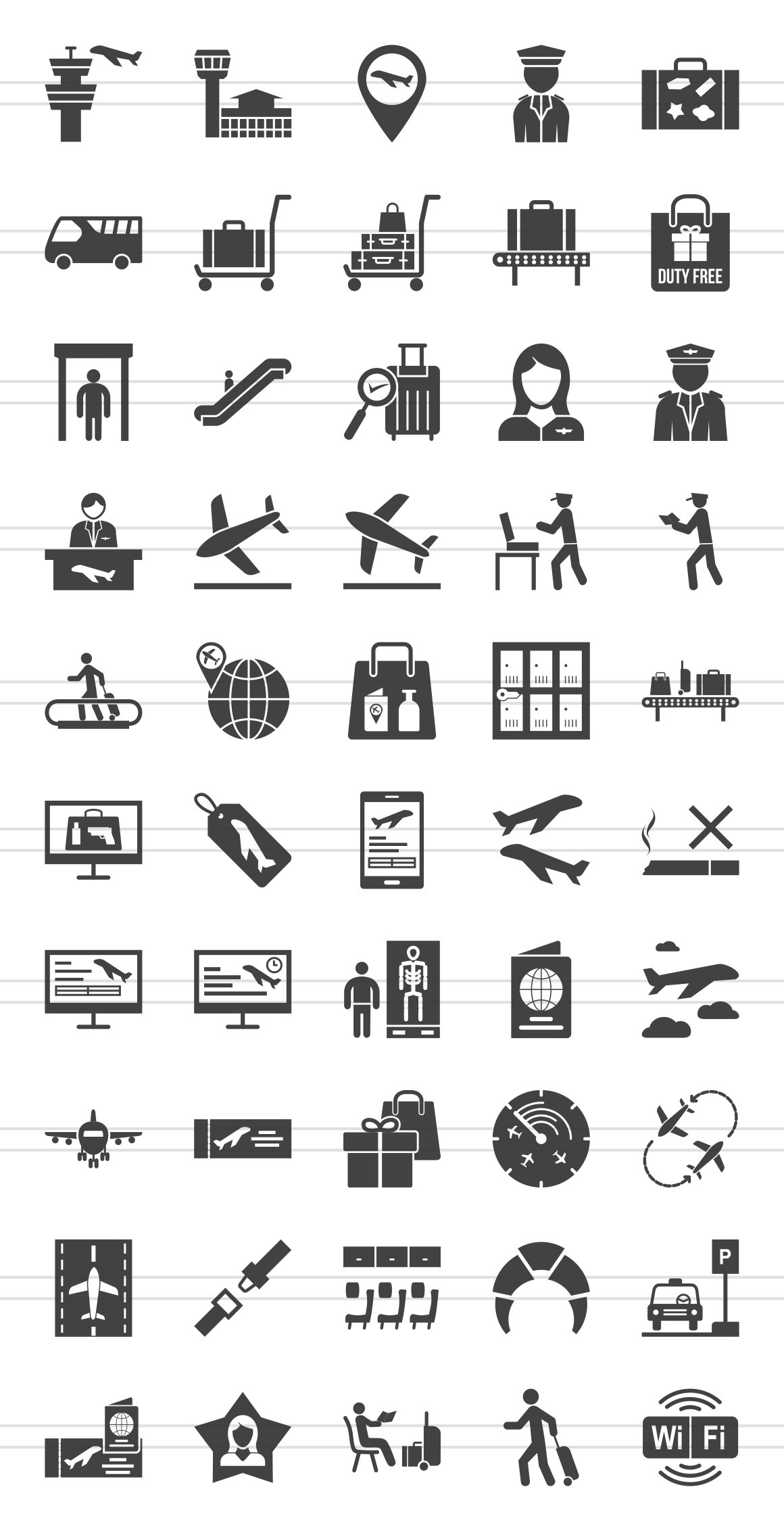 50 Airport Glyph Icons preview image.