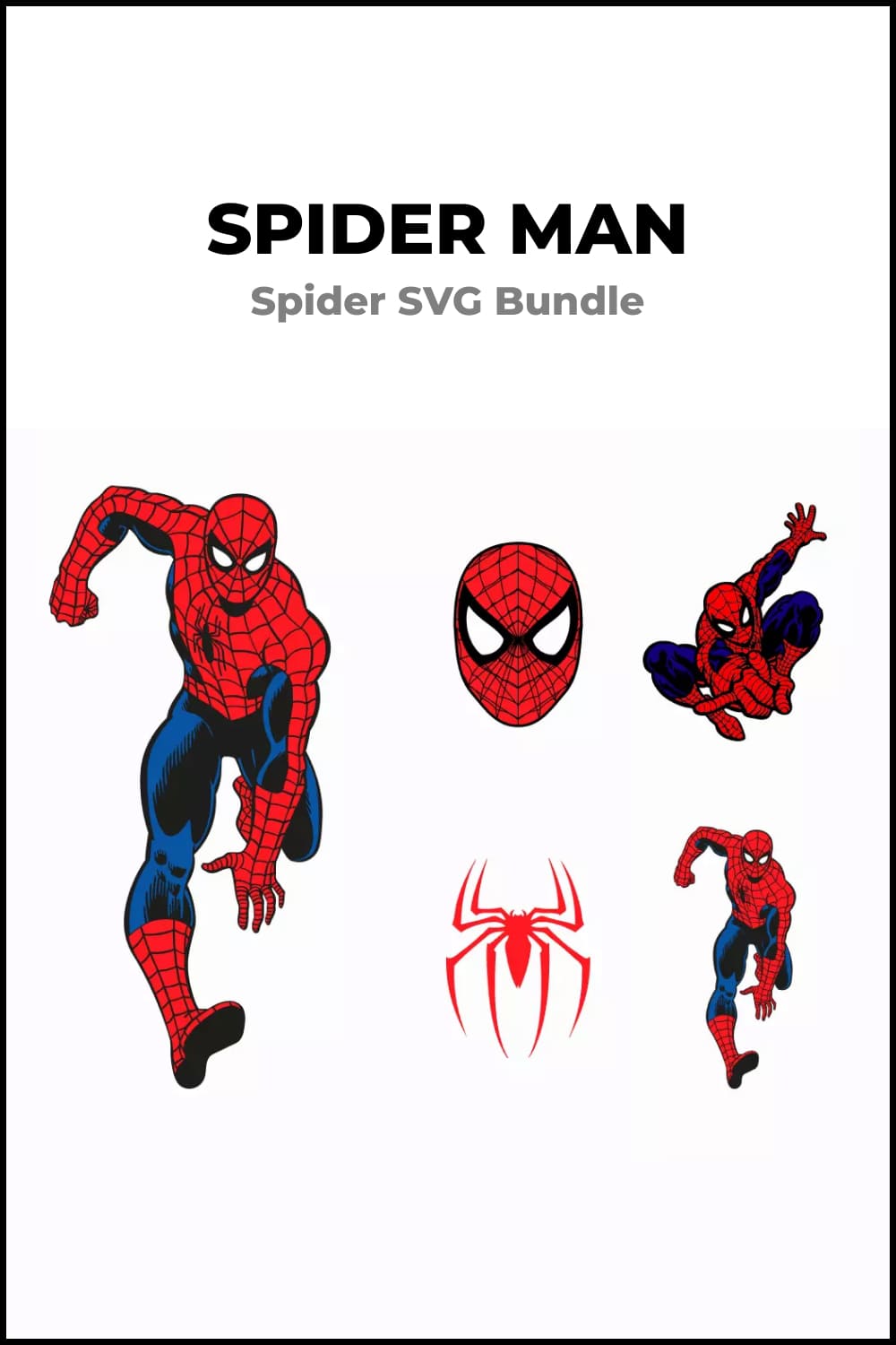 Collage from the images of Spiderman in running, flight, mask and spider.