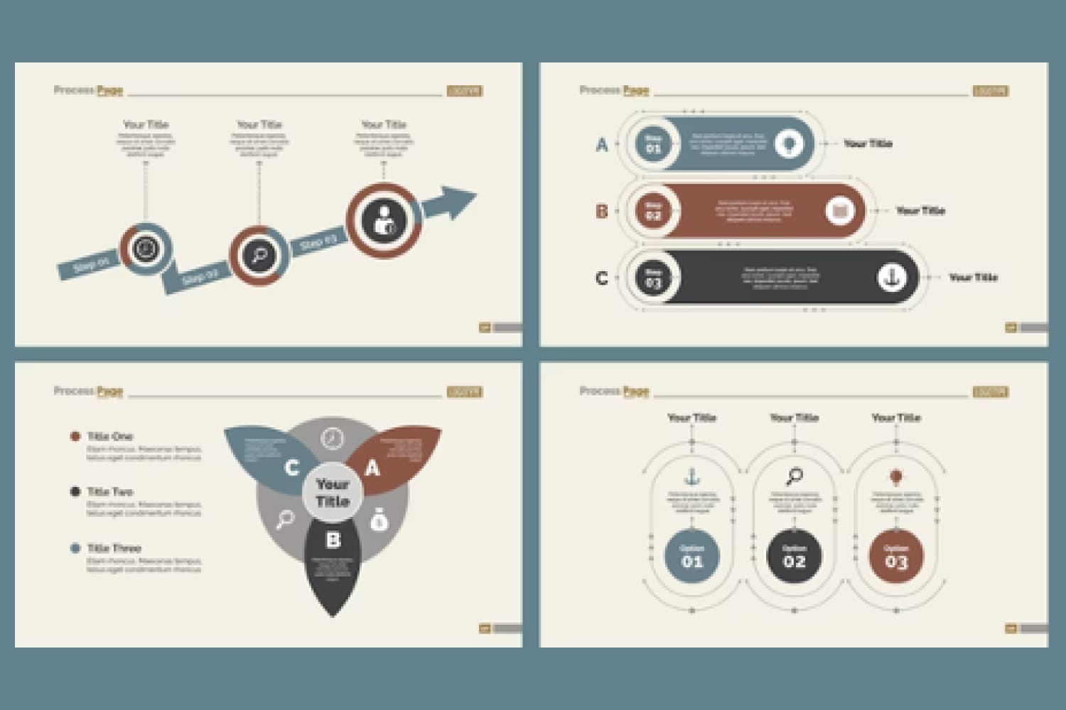 Four presentation pages with infographics on a beige background.