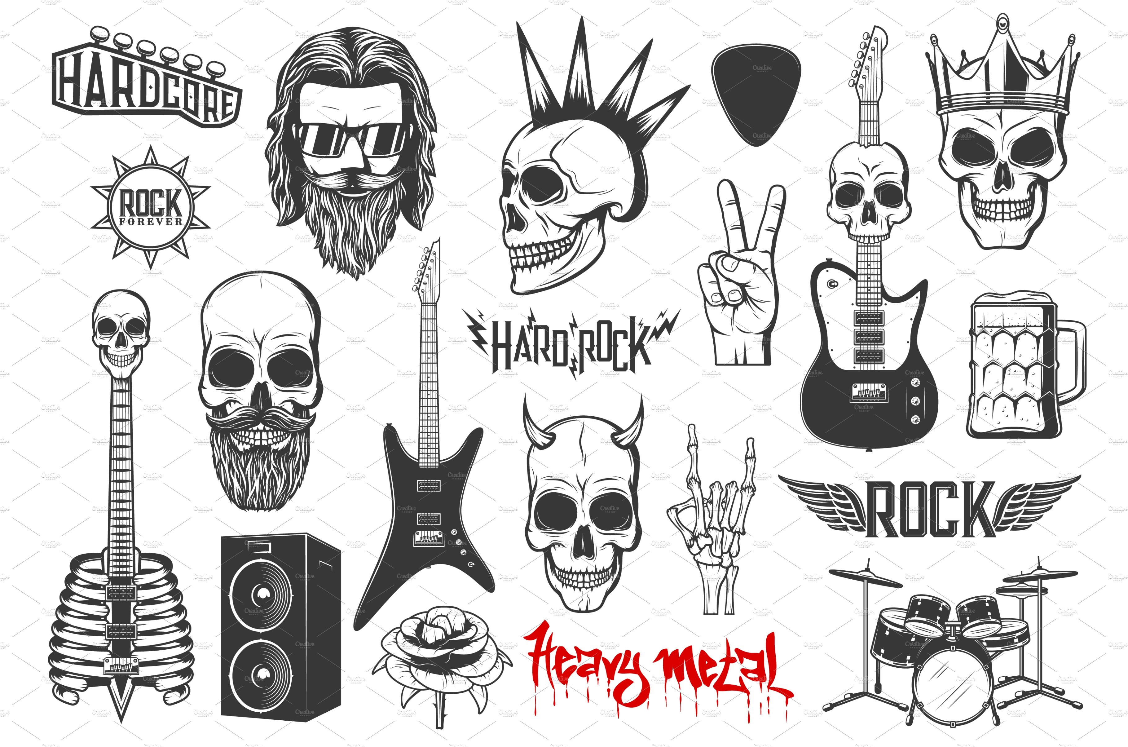 Hard rock music vector icons cover image.